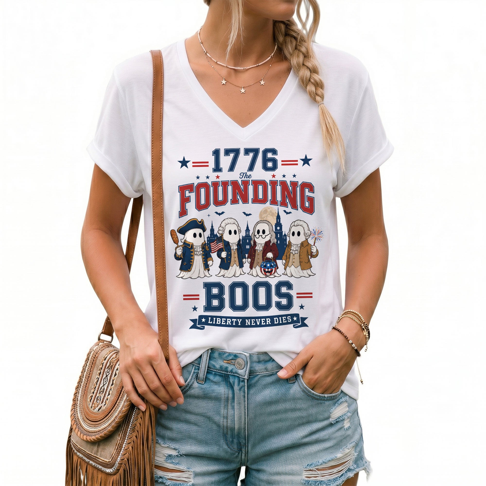 1776 Founding Boos V Neck Shirt Funny Patriotic Ghost Women Graphic Tee Vintage