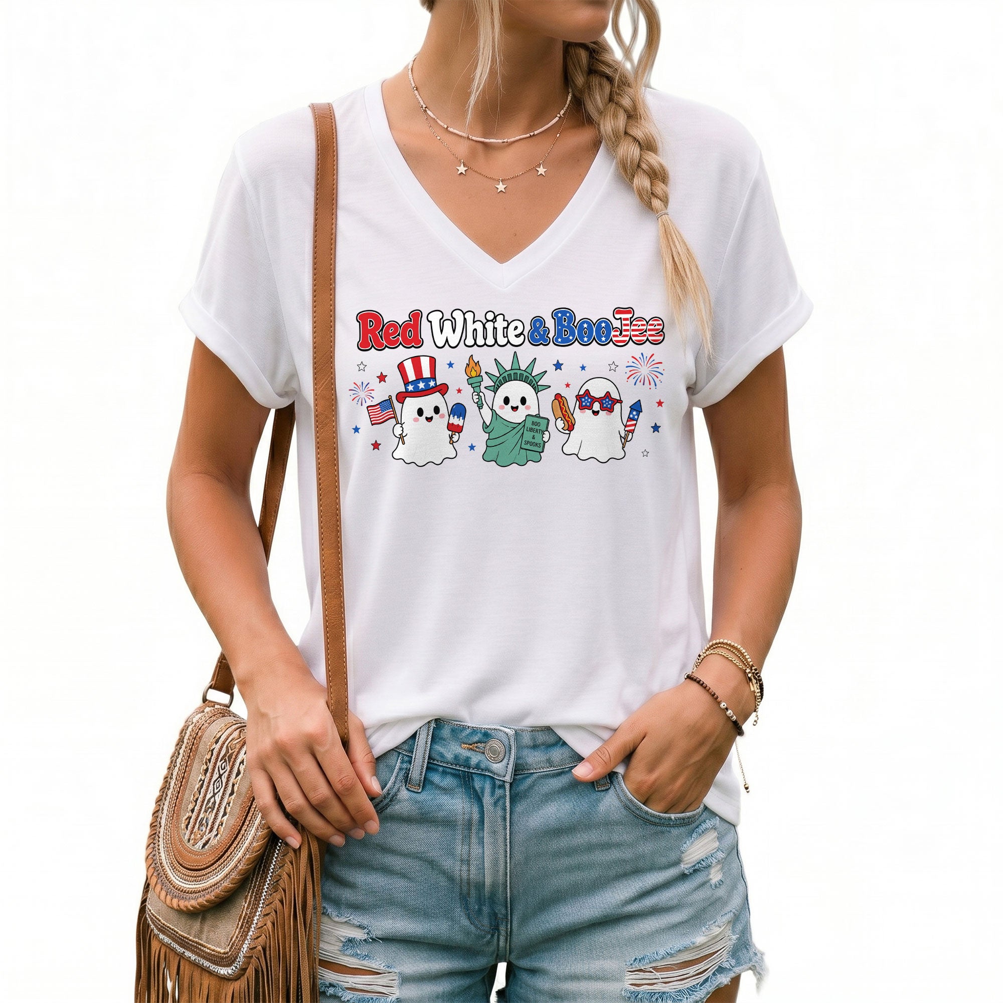 Red White And BooJee V Neck Shirt Cute Patriotic Ghost Women Graphic Tee