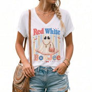 Red White BooJee V Neck Shirt Glam Ghost Fashion Patriotic Women Graphic Tee