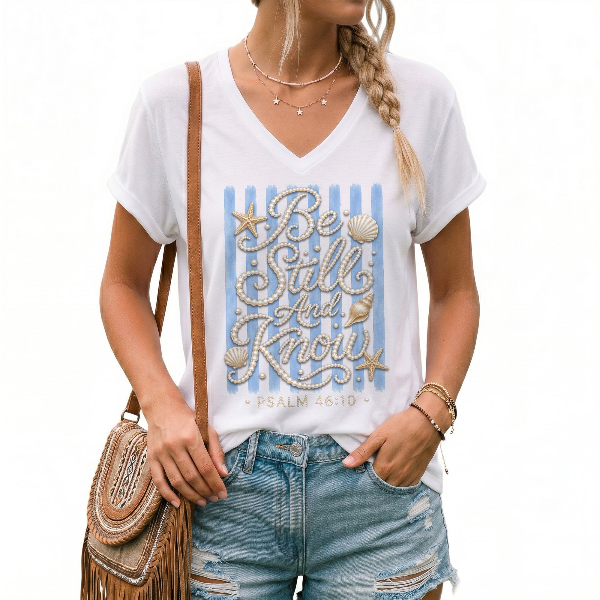 Be Still And Know Pearl Stripes Seashells Psalm 46 10 Christian V Neck Shirt Women