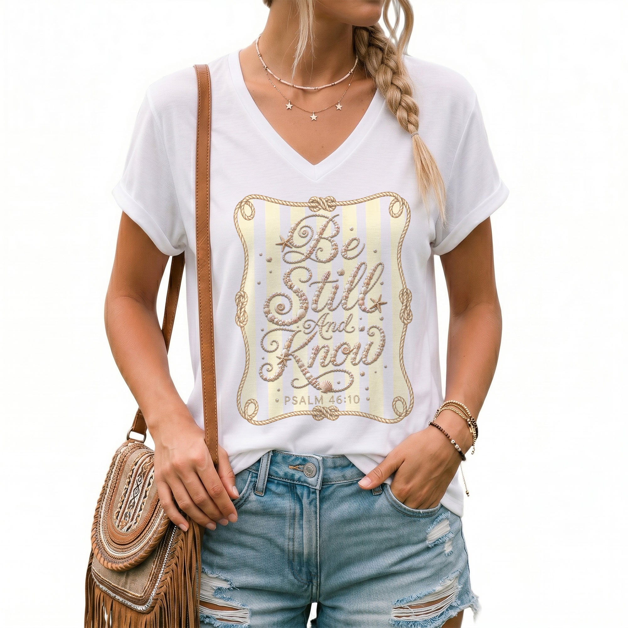 Be Still And Know Seashell Rope Stripes Psalm 46 10 Christian V Neck Shirt Women