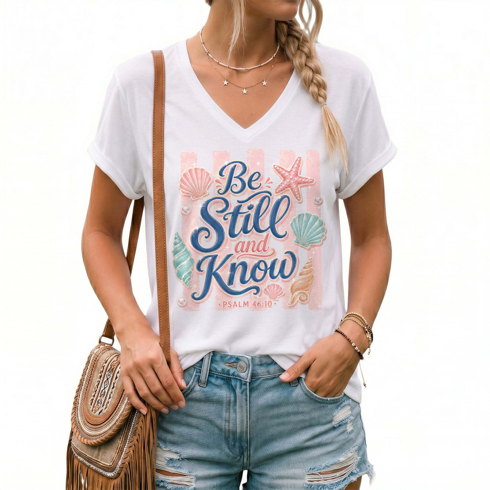 Be Still And Know Pink Stripes Seashells Psalm 46 10 Christian V Neck Shirt Women