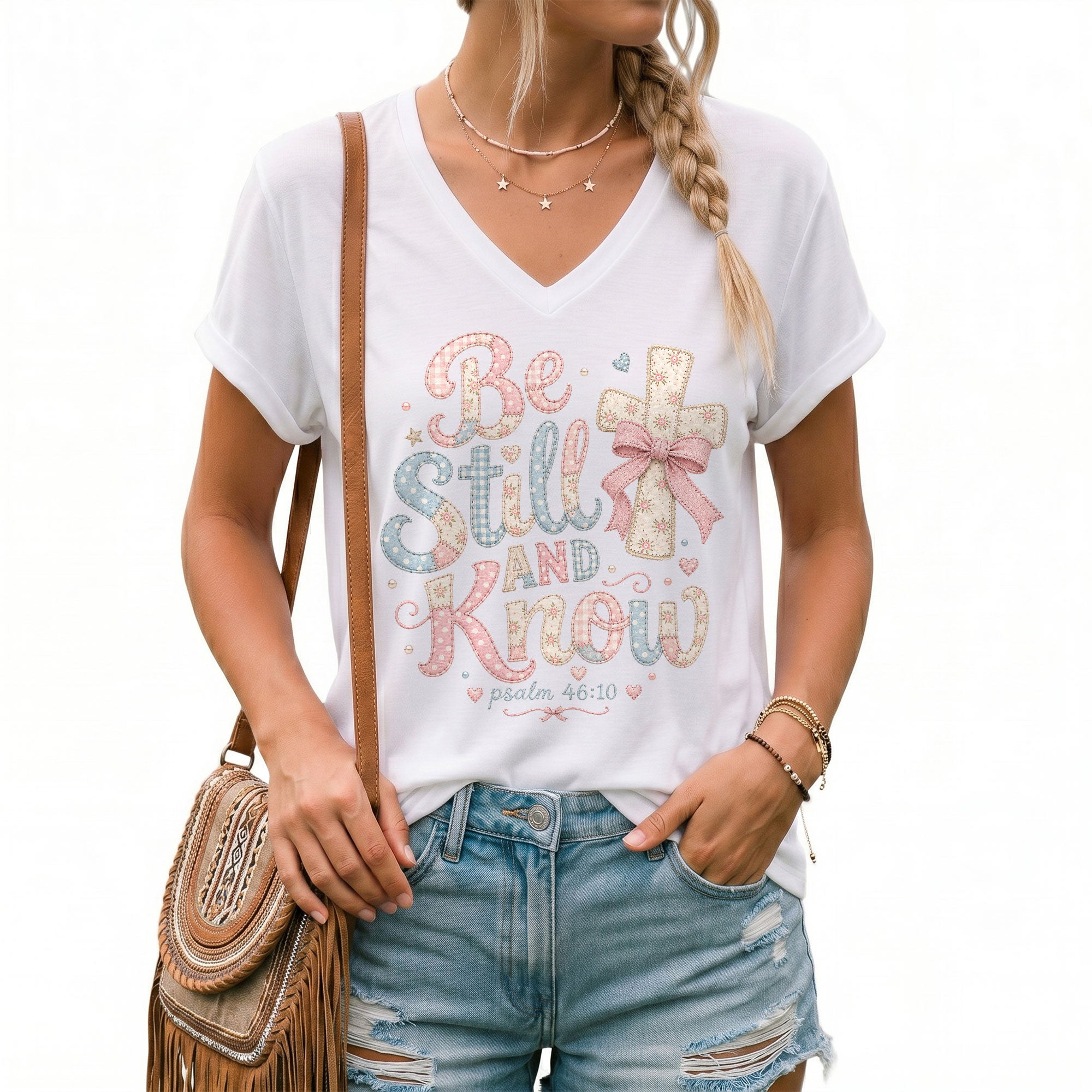 Be Still And Know Pastel Patchwork Cross Psalm 46 10 Christian V Neck Shirt Women