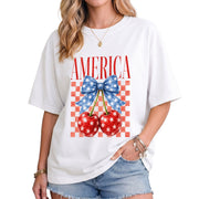America Cherry Graphic T-Shirt Cute Patriotic Stars Bow Vintage Aesthetic Tee