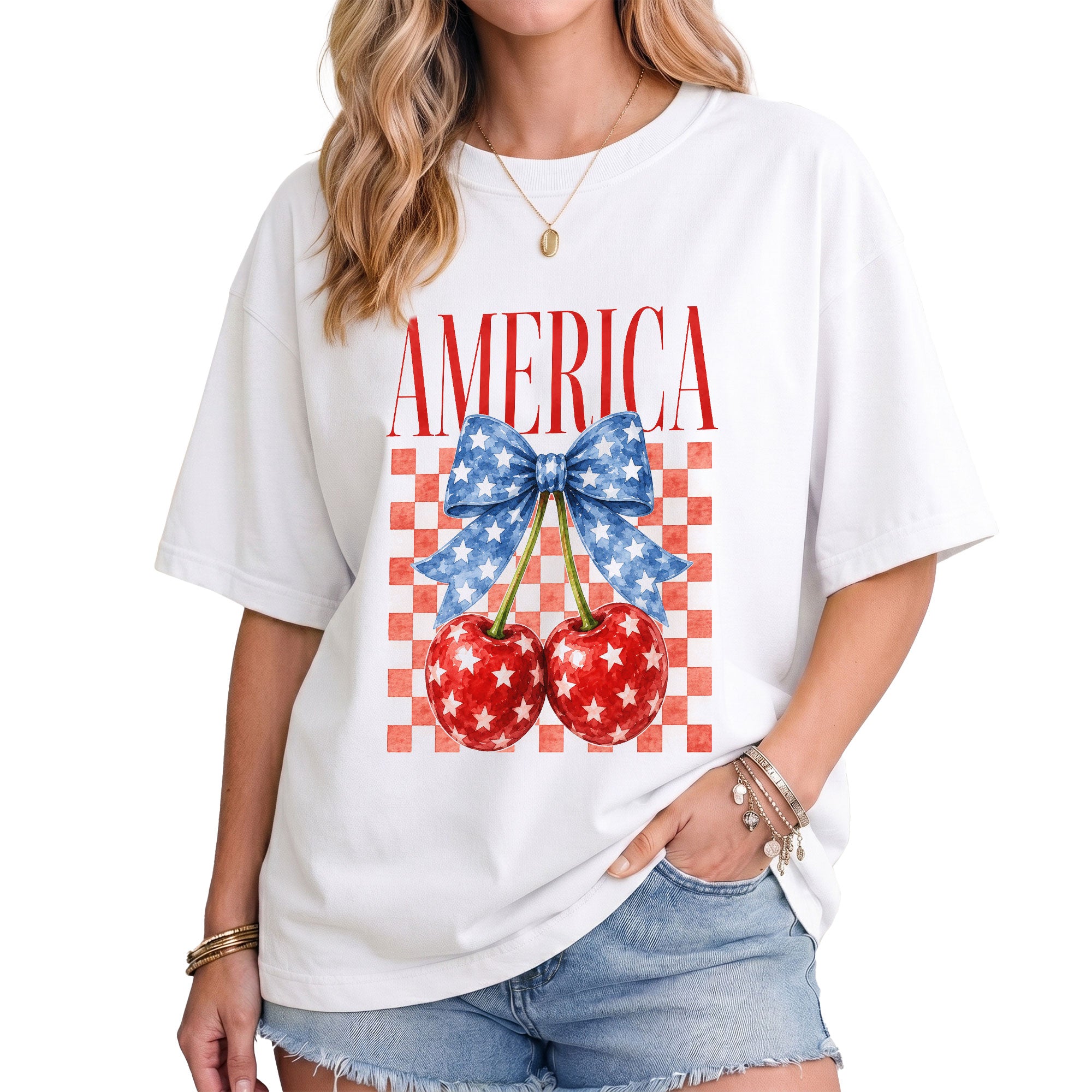 America Cherry Graphic T-Shirt Cute Patriotic Stars Bow Vintage Aesthetic Tee