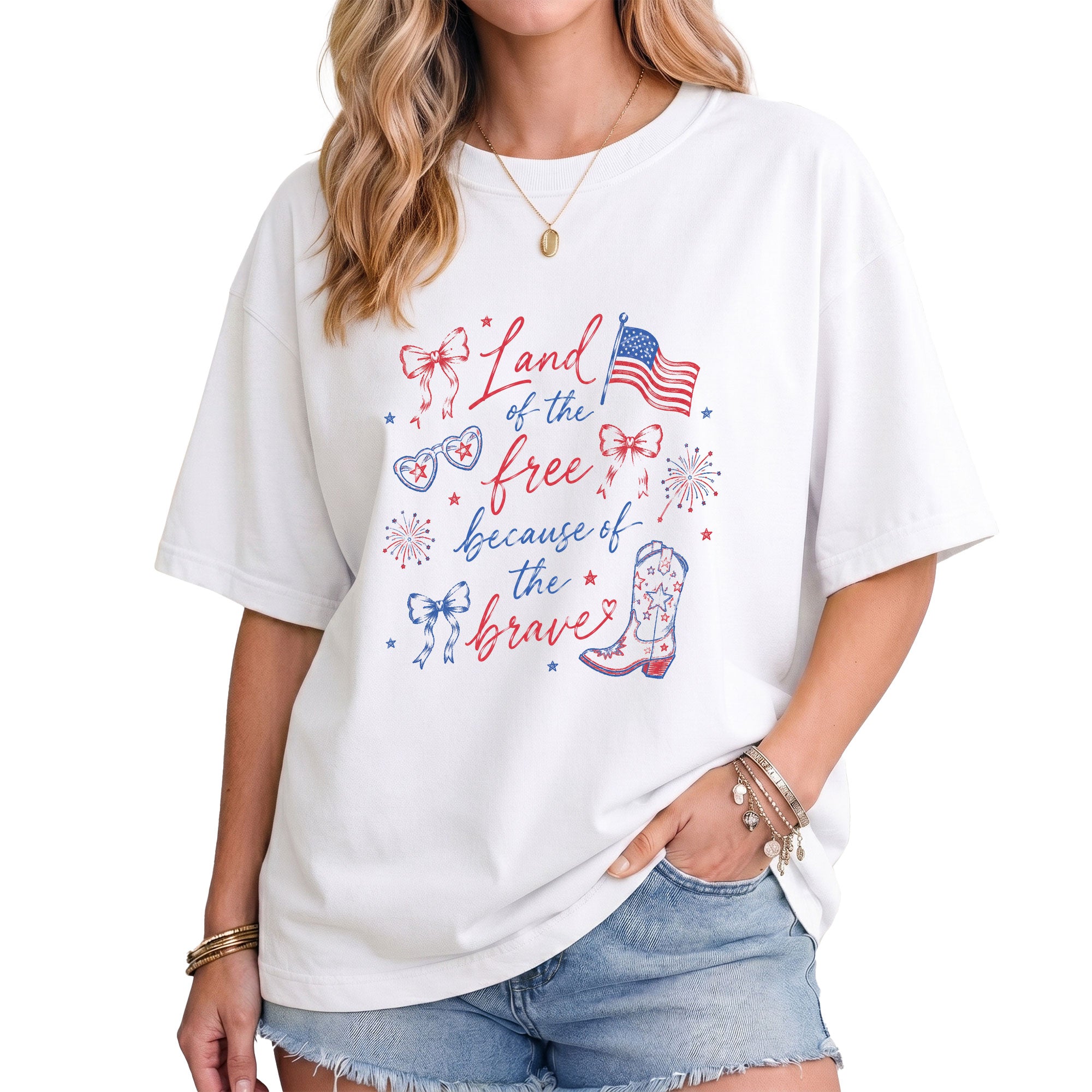 Land Of The Free Because Of The Brave T-Shirt Patriotic Cowgirl Boots Graphic Tee