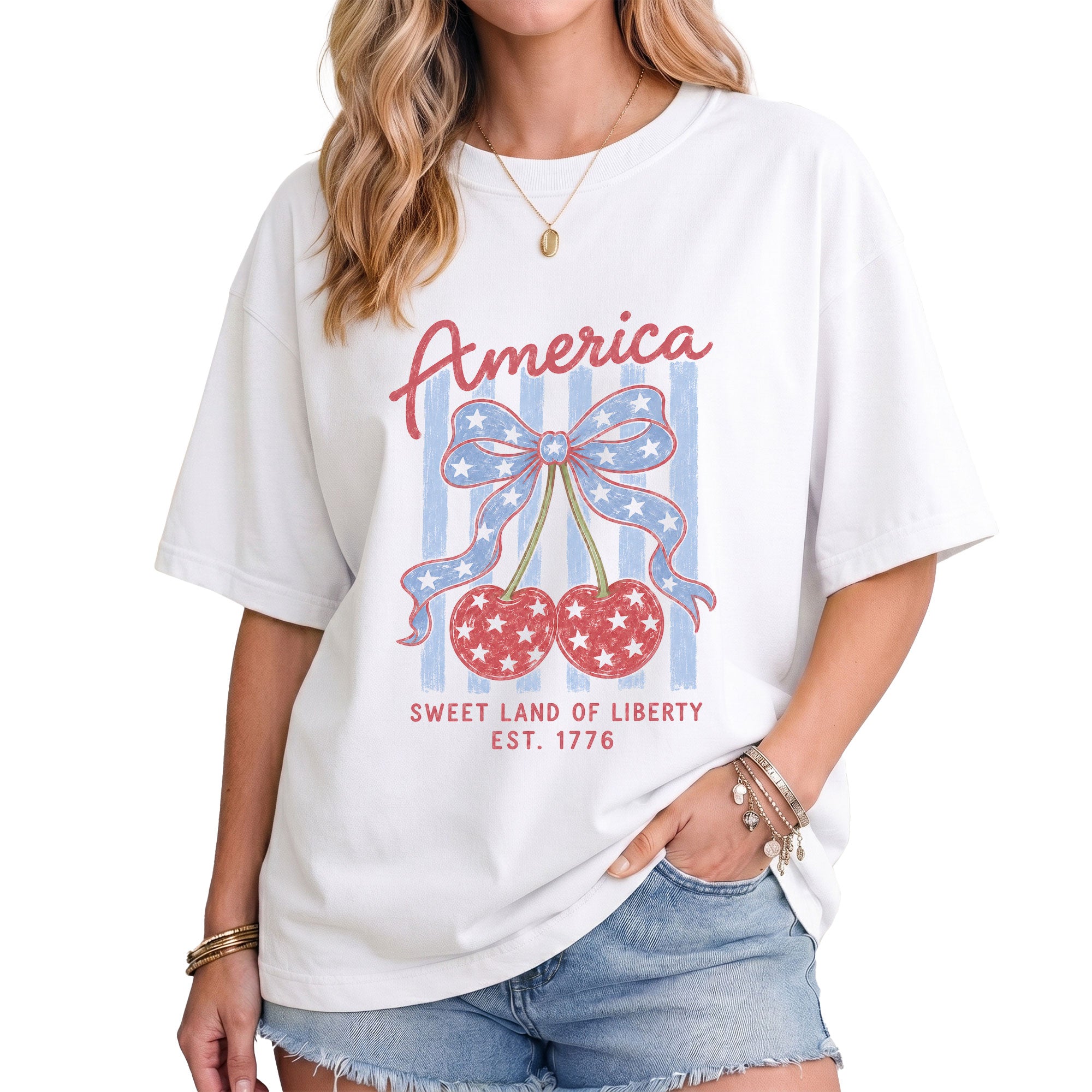 America Sweet Land Of Liberty T-Shirt Vintage Patriotic Cherry Stars Bow Graphic Tee