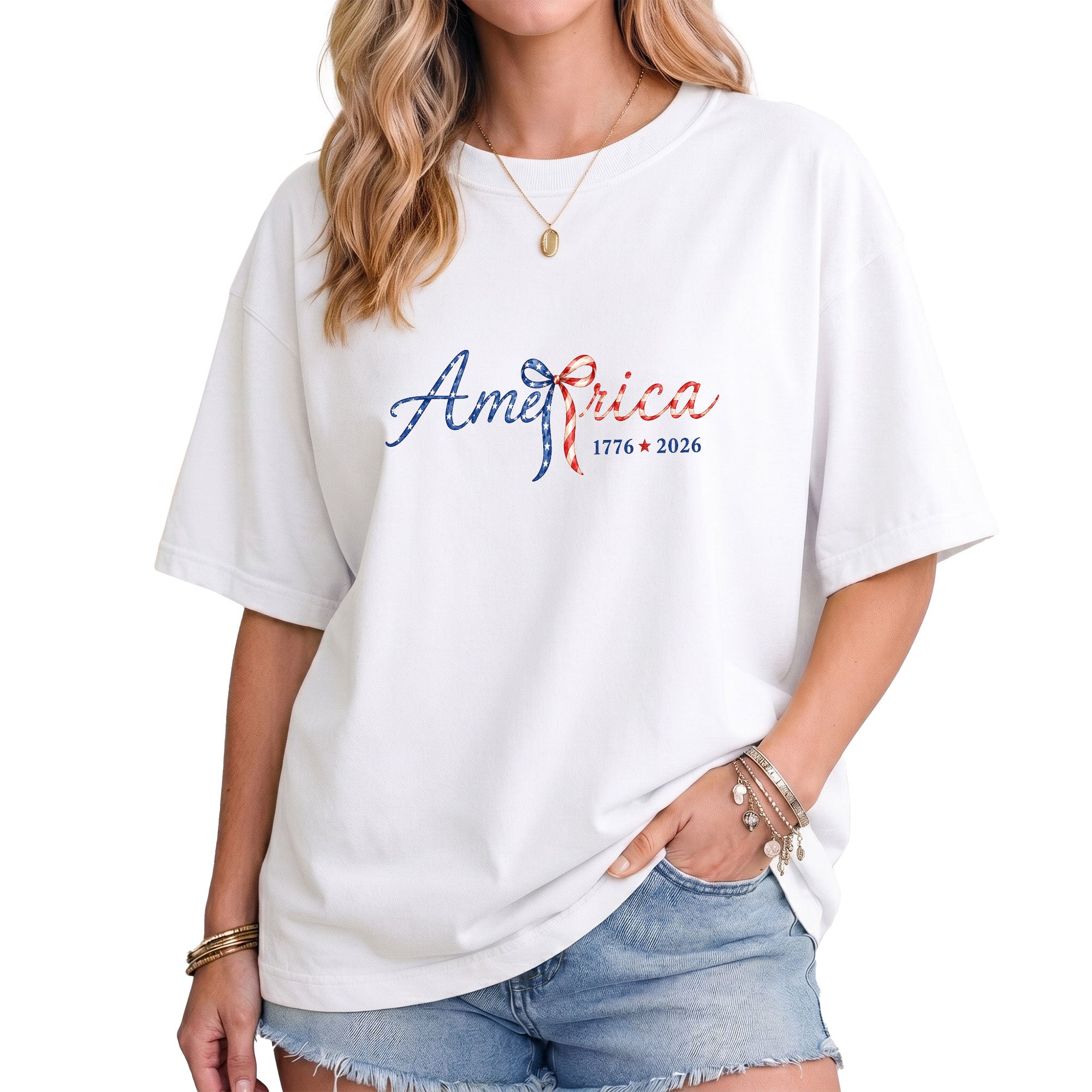 America 1776 2026 T-Shirt Cute Patriotic Stars Stripes Bow Graphic Aesthetic Tee