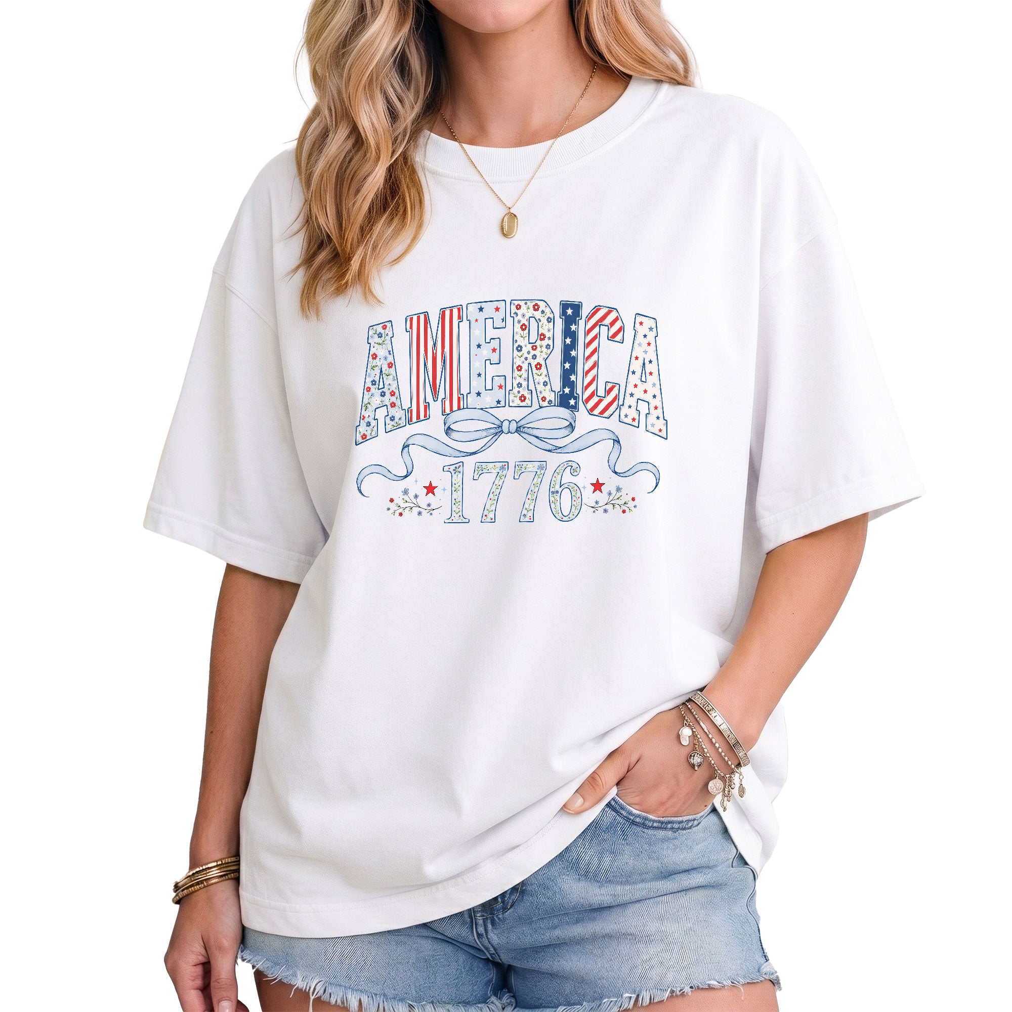 America 1776 Floral T-Shirt Vintage Patriotic Coquette Bow Stars Graphic Tee