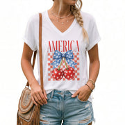 Women's V-Neck Patriotic Cherry Graphic T-Shirt - Cute American Flag Style Summer Top