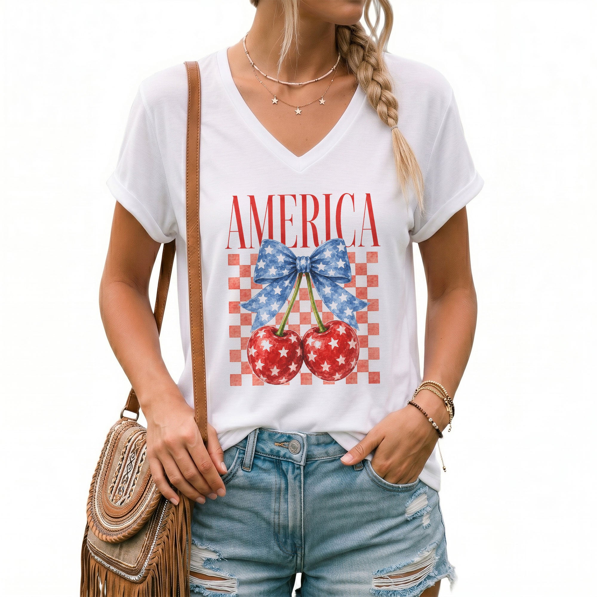 Women's V-Neck Patriotic Cherry Graphic T-Shirt - Cute American Flag Style Summer Top