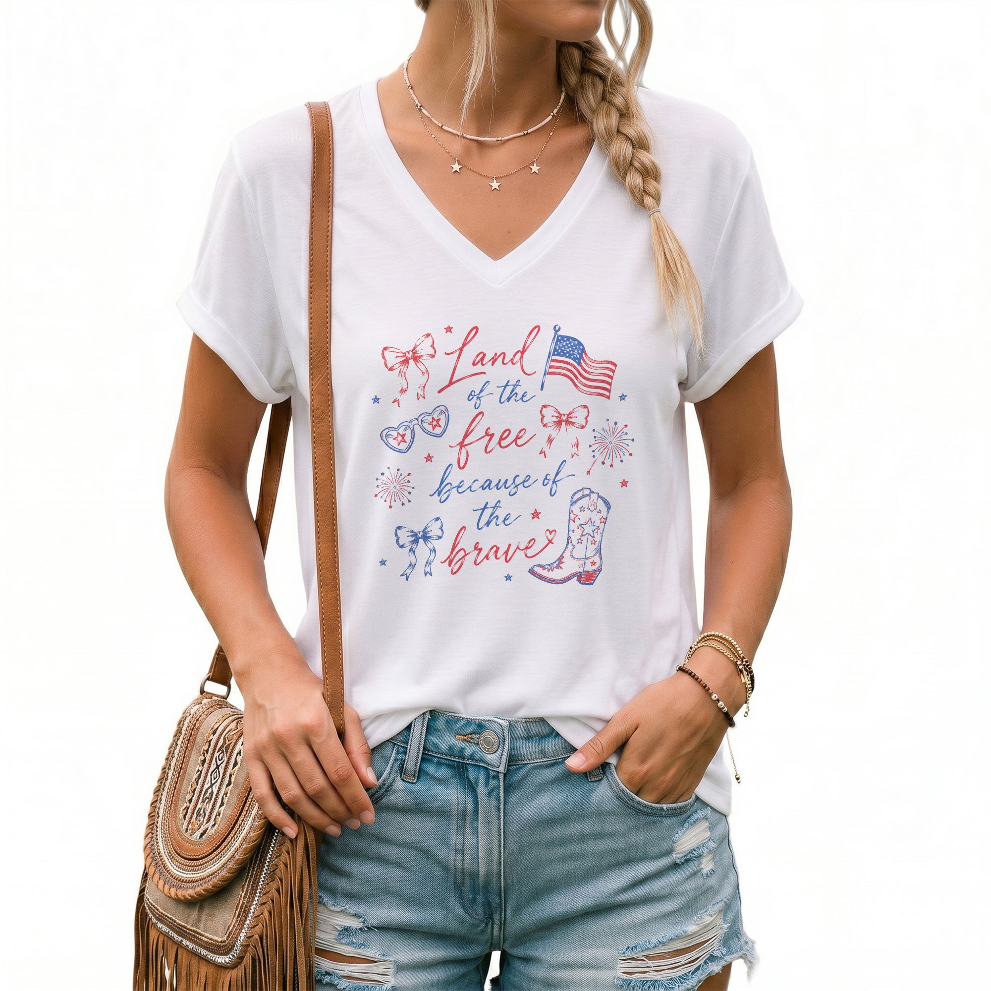 Women's Land of the Brave V-Neck Tee - Patriotic American Flag Graphic Summer Shirt