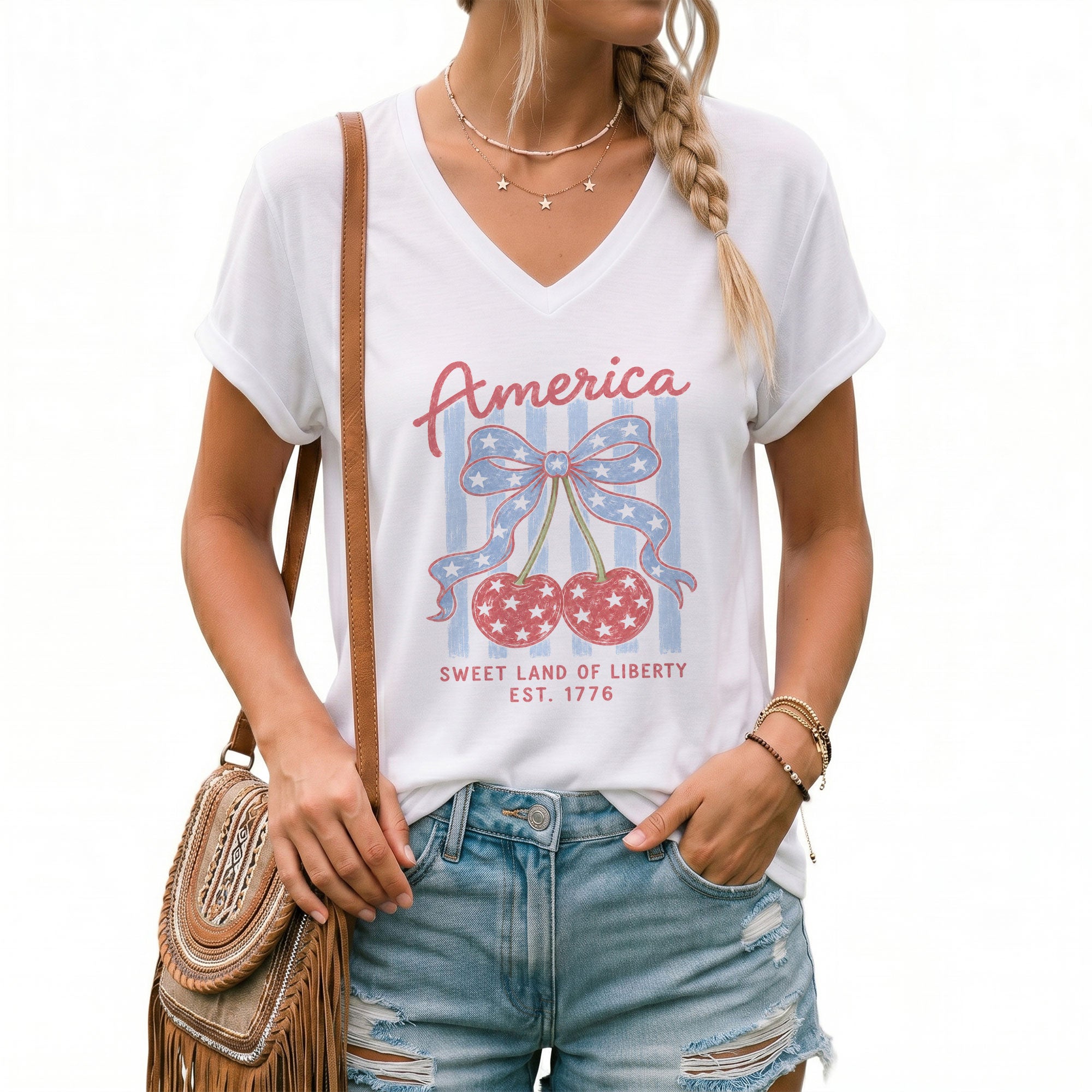 Women's America Cherry V-Neck Tee - Sweet Land of Liberty 1776 Patriotic Summer Shirt