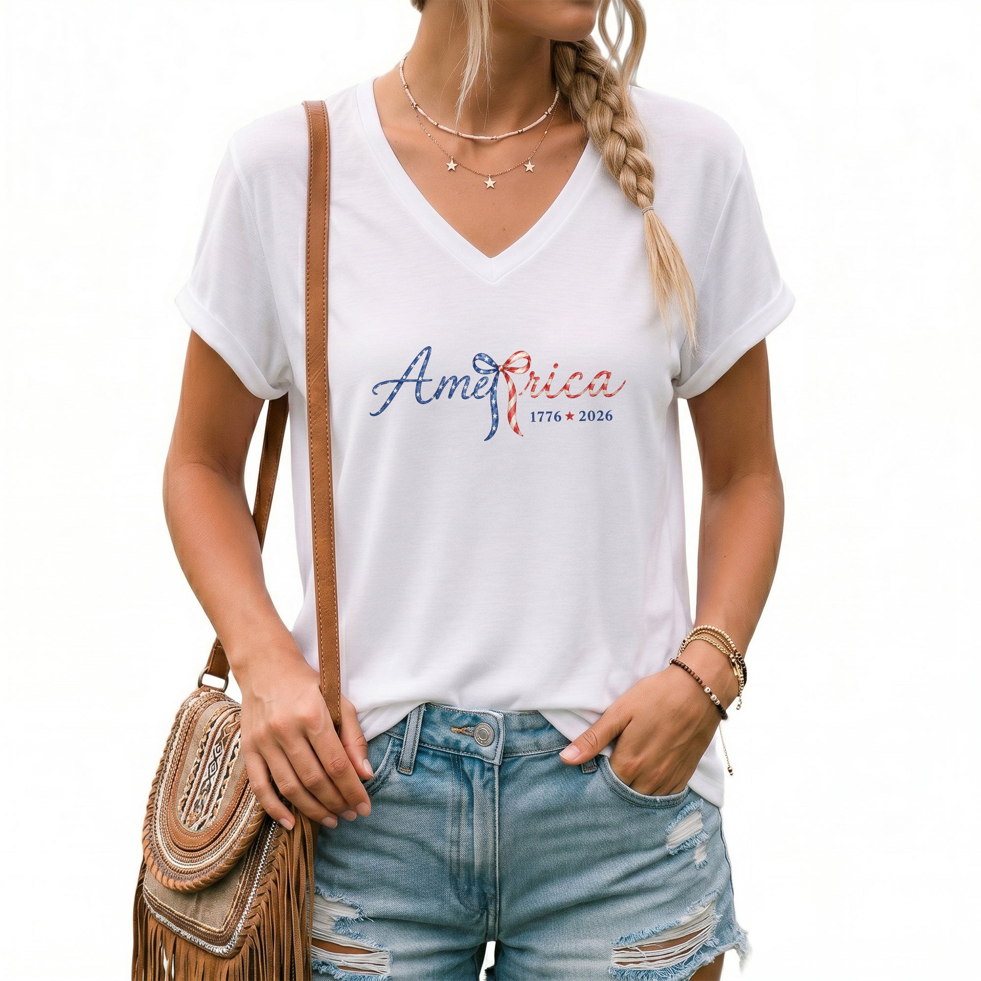 Stylish America 1776-2026 V-Neck T-Shirt - Cute Patriotic Women's Short Sleeve Top