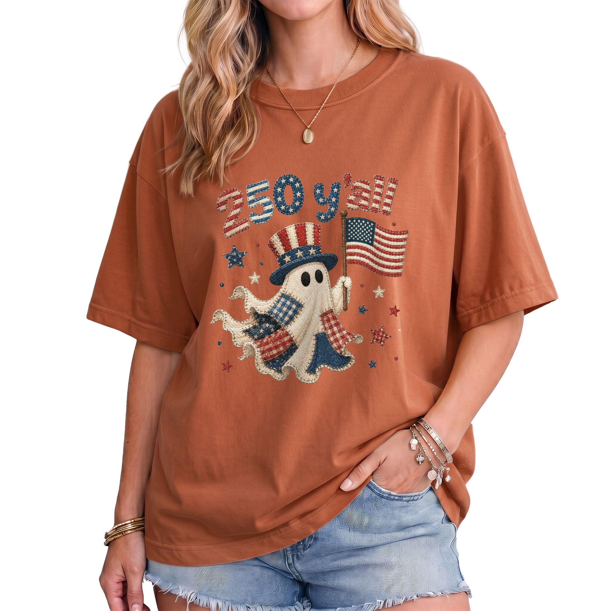 250 Y'all Shirt Patriotic Halloween Ghost Uncle Sam Hat American Flag Graphic Tee