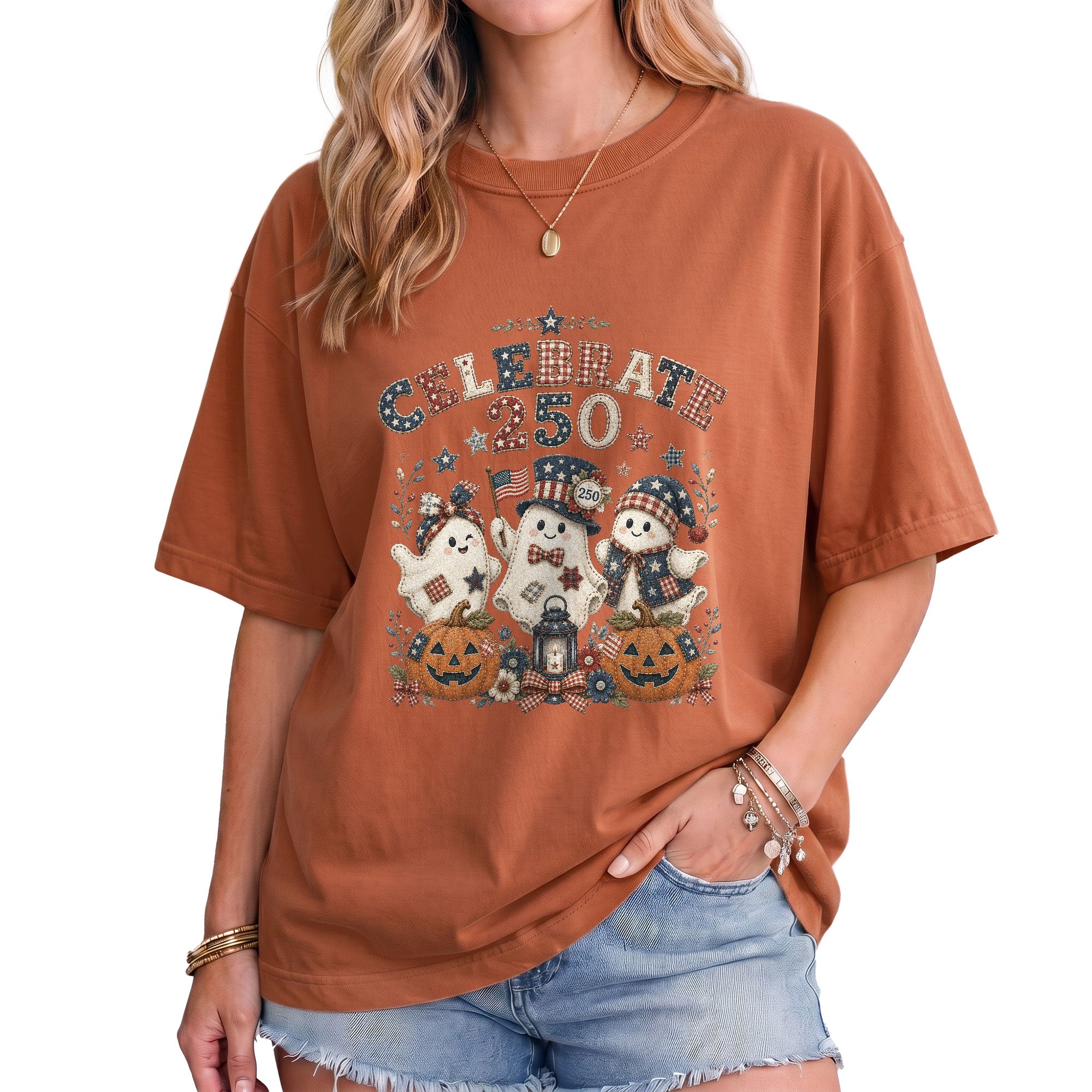 Celebrate 250 Shirt Patriotic Halloween Ghosts Pumpkin Jack O Lantern Graphic Tee