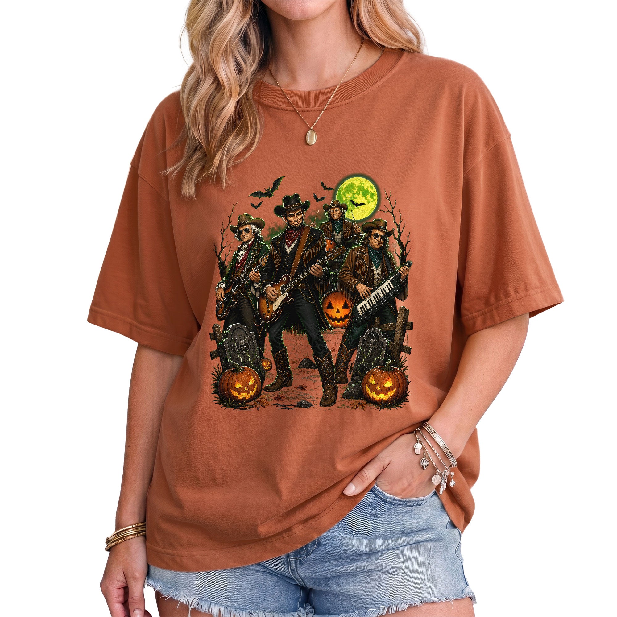 Lincoln Playing Guitar Halloween Shirt Funny Presidents Rock Band Spooky Graphic Tee