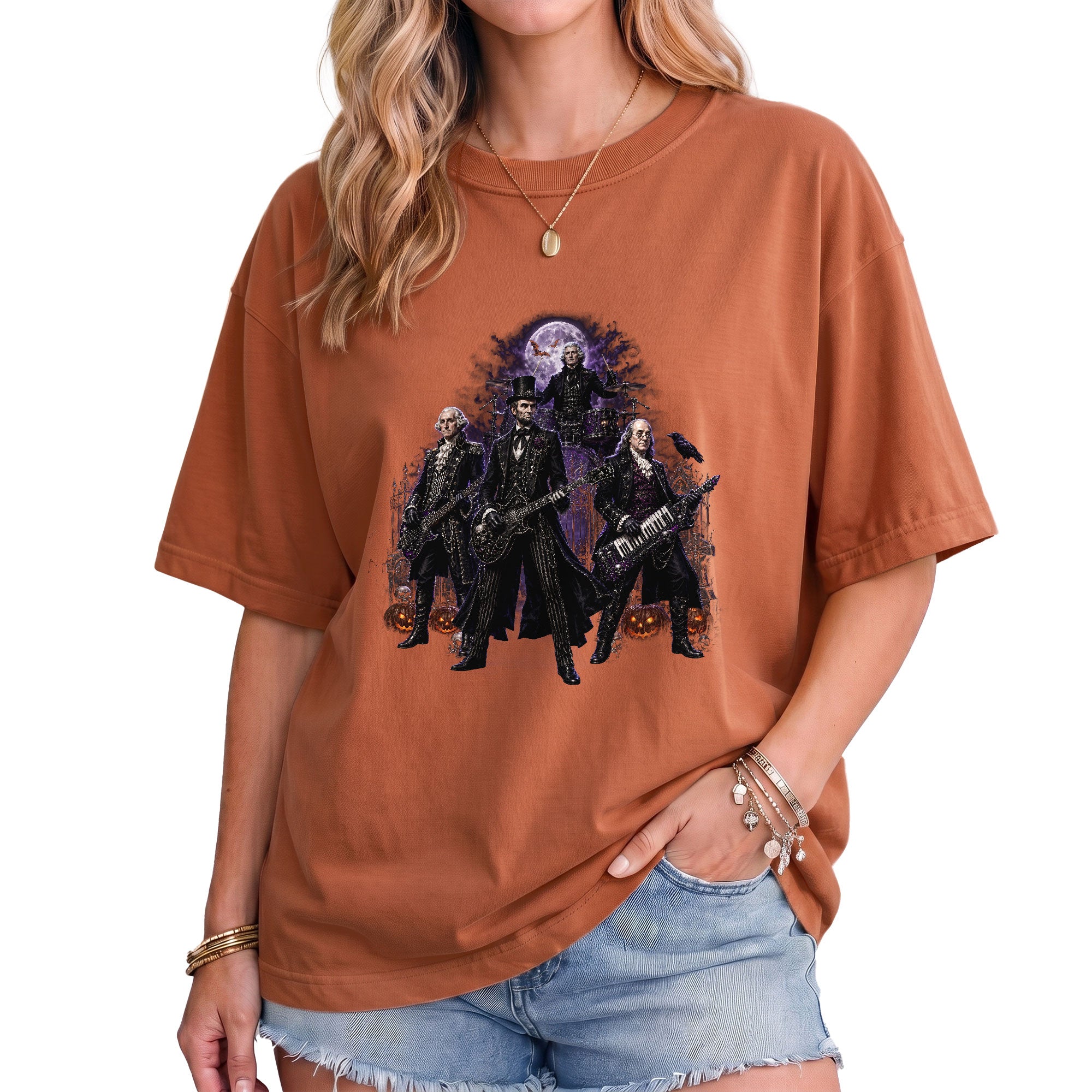 Lincoln Playing Guitar Halloween Shirt Funny Presidents Rock Band Goth Graphic Tee