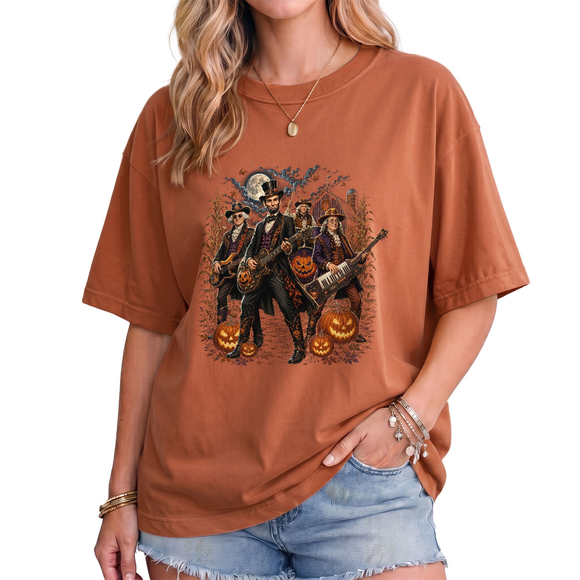 Lincoln Playing Guitar Halloween Shirt Midnight Cemetery Rock Band Vintage Tee