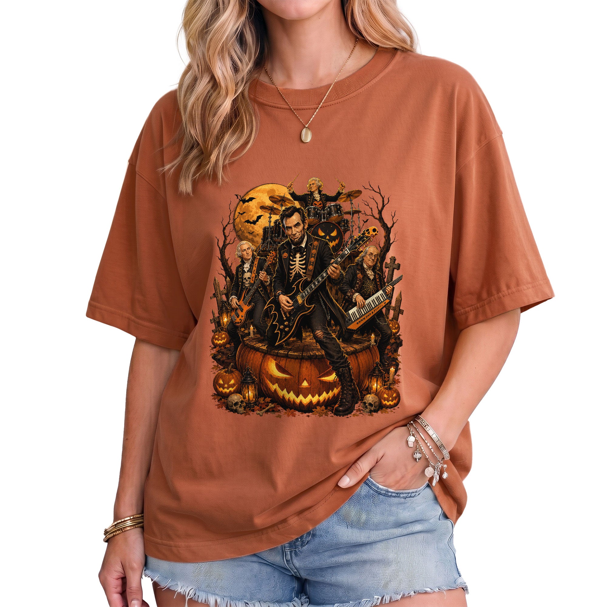 Lincoln Playing Guitar Halloween Shirt Giant Jack O Lantern Stage Skeleton Rock Band Tee