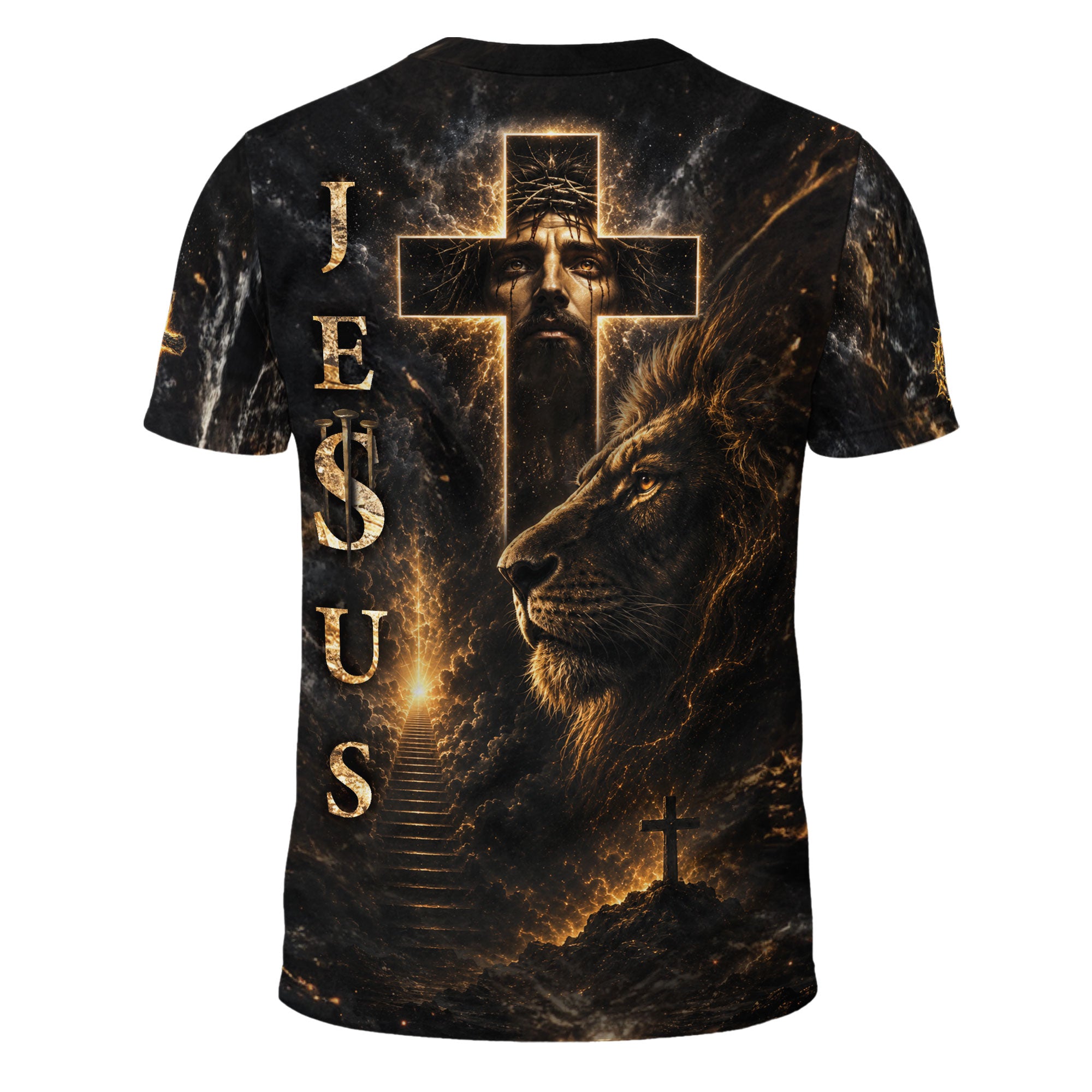 Jesus The Way The Truth The Life Lion Lamb Cross Christian 3D Graphic Tee Shirt Men