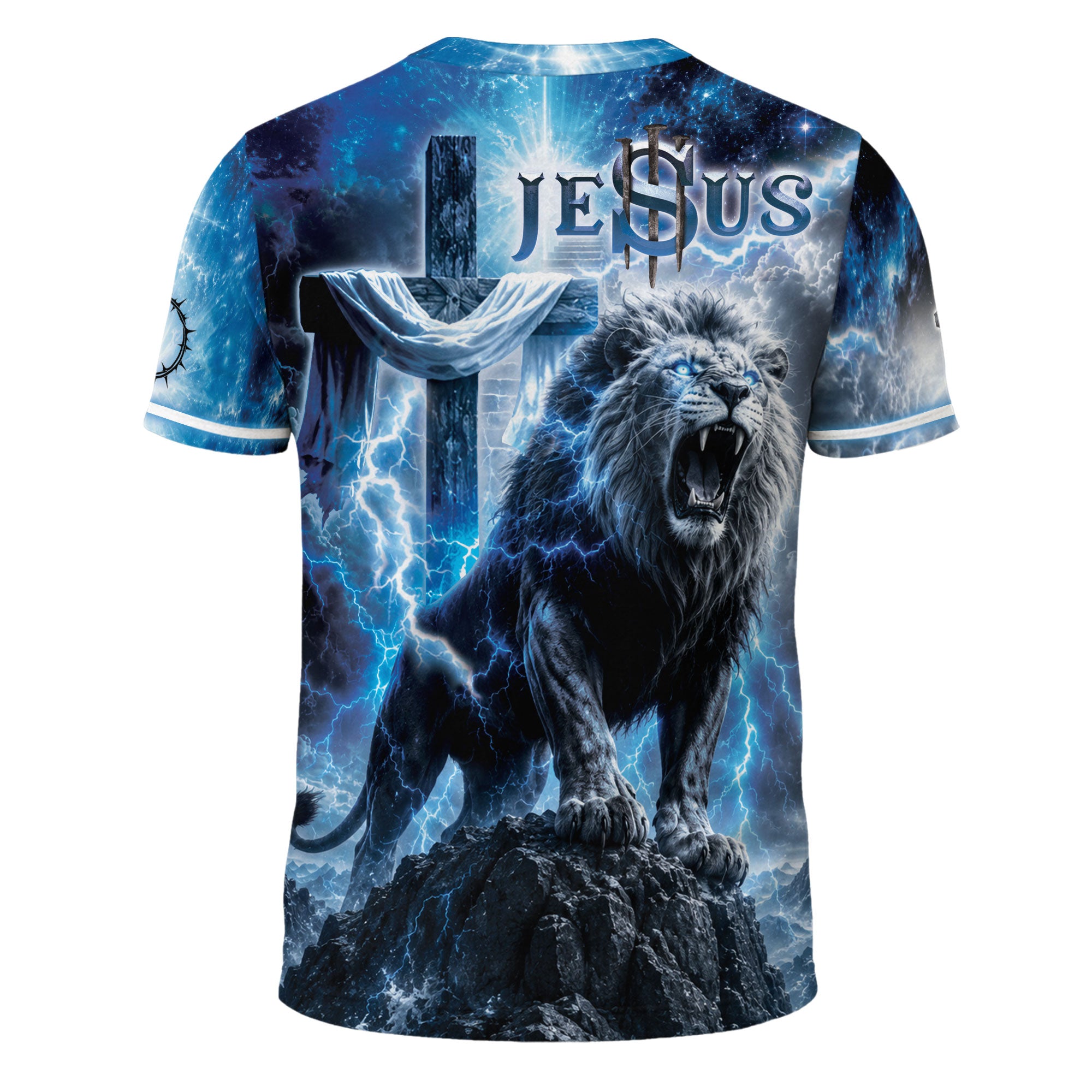 One Nation Under God T Shirt 3D Christian Blue Lion Cross Graphic Lightning Tee