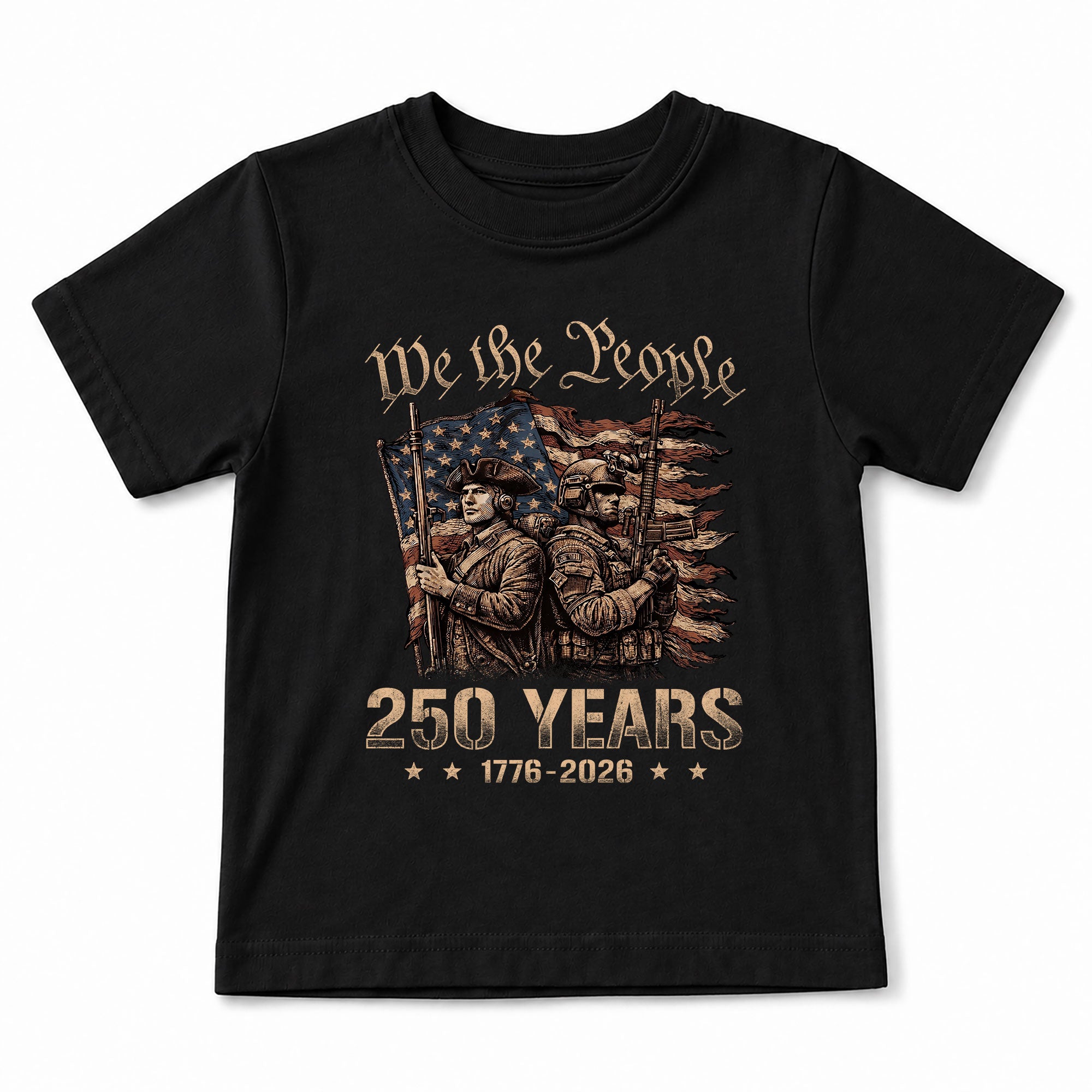 250 Years Kids T-Shirt Revolutionary Soldier Patriotic American Flag 1776-2026 Youth