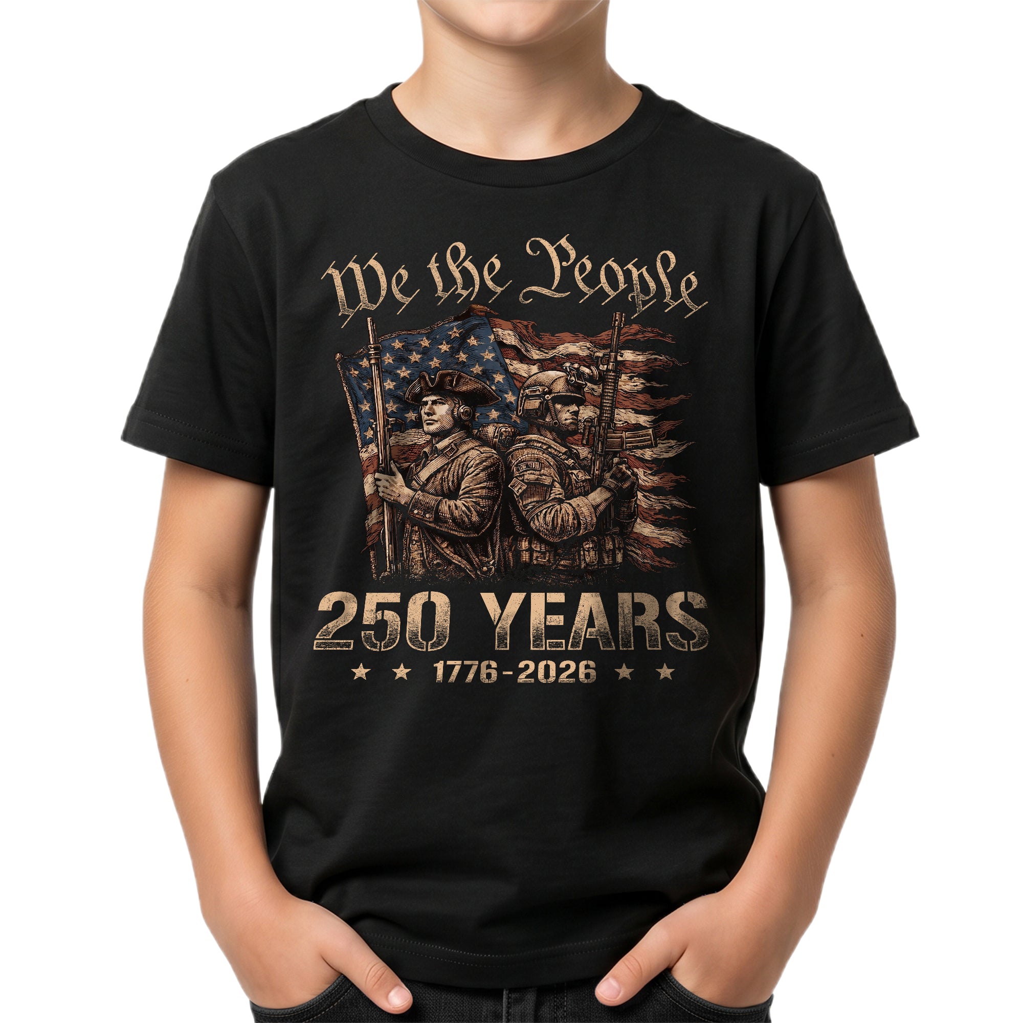 250 Years Kids T-Shirt Revolutionary Soldier Patriotic American Flag 1776-2026 Youth