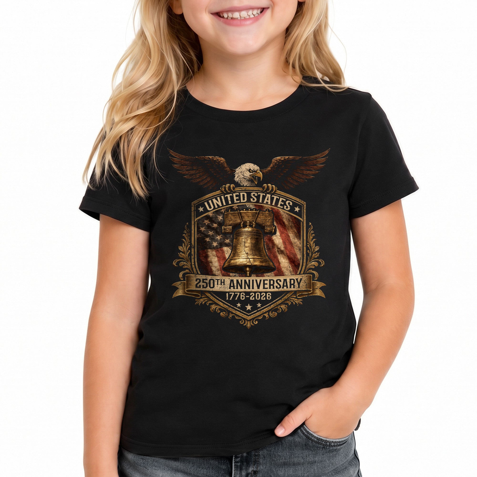 250th Anniversary Kids T-Shirt Vintage Patriotic Eagle Liberty Bell 1776-2026 Tee