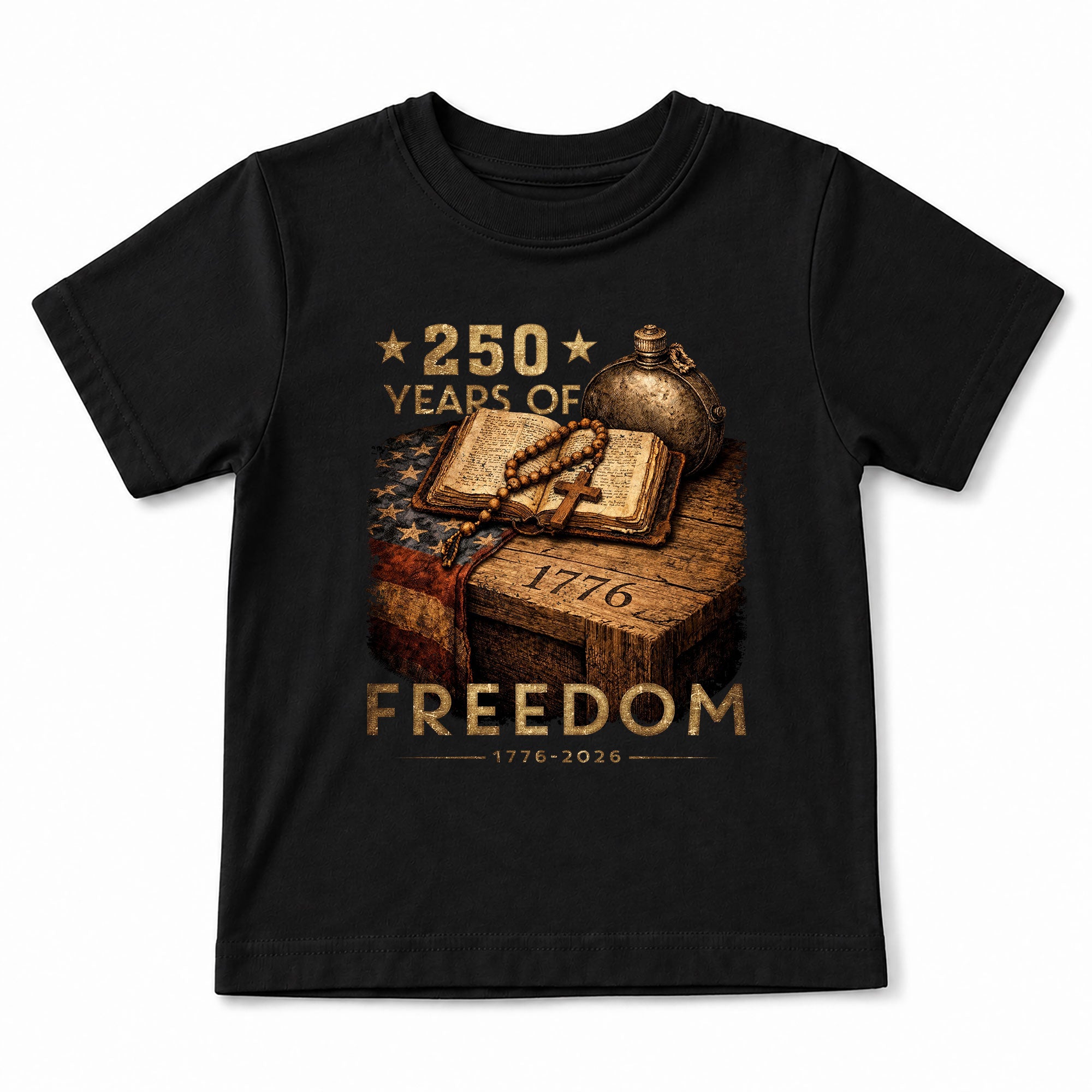 250 Years of Freedom Kids Tee 1776–2026 Faith and Patriotism Graphic Shirt