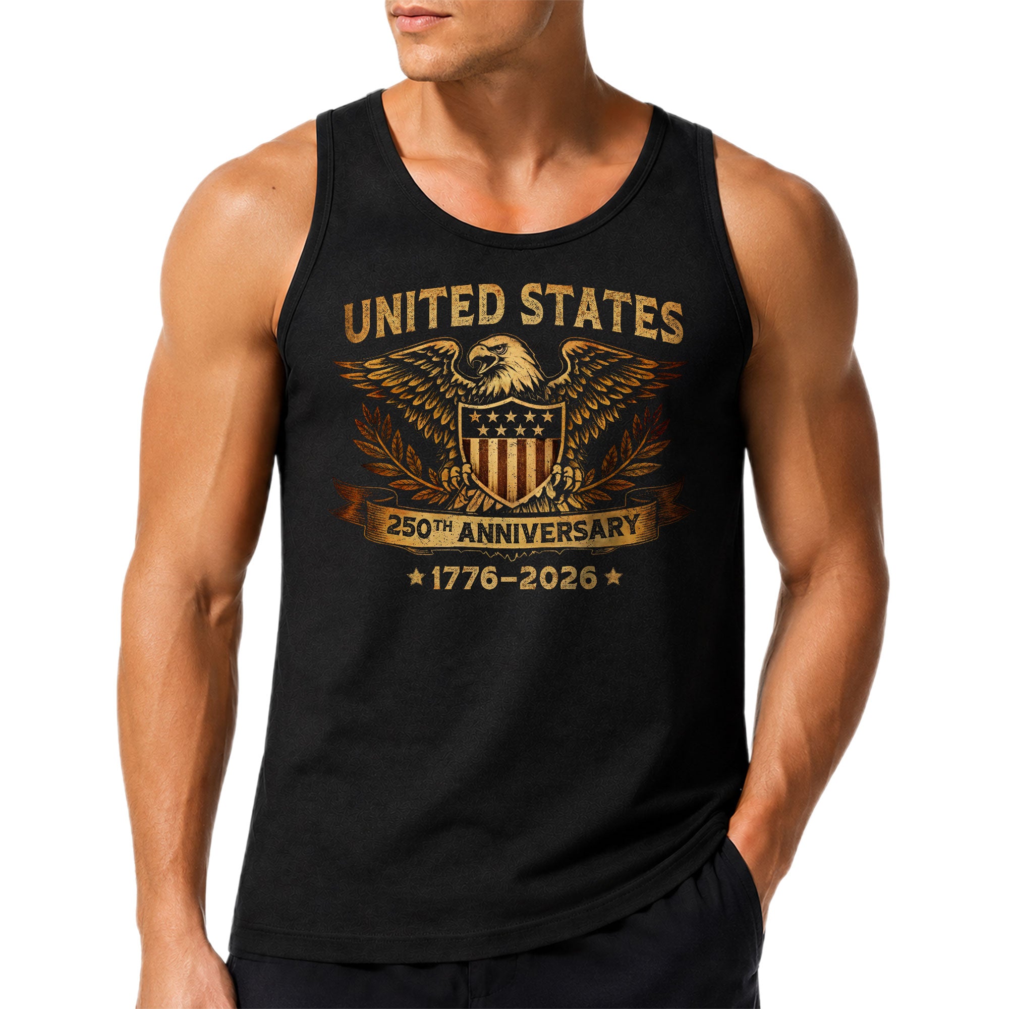 USA 1776-2026 Mens Tank Top Patriotic 250th Anniversary Golden Eagle Shield