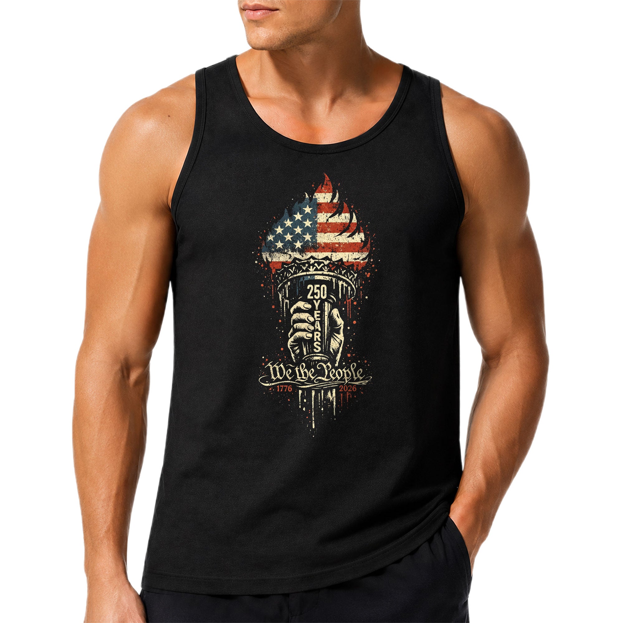 US Mens Tank Top 1776-2026 Patriotic 250 Years Vintage American Flag Torch