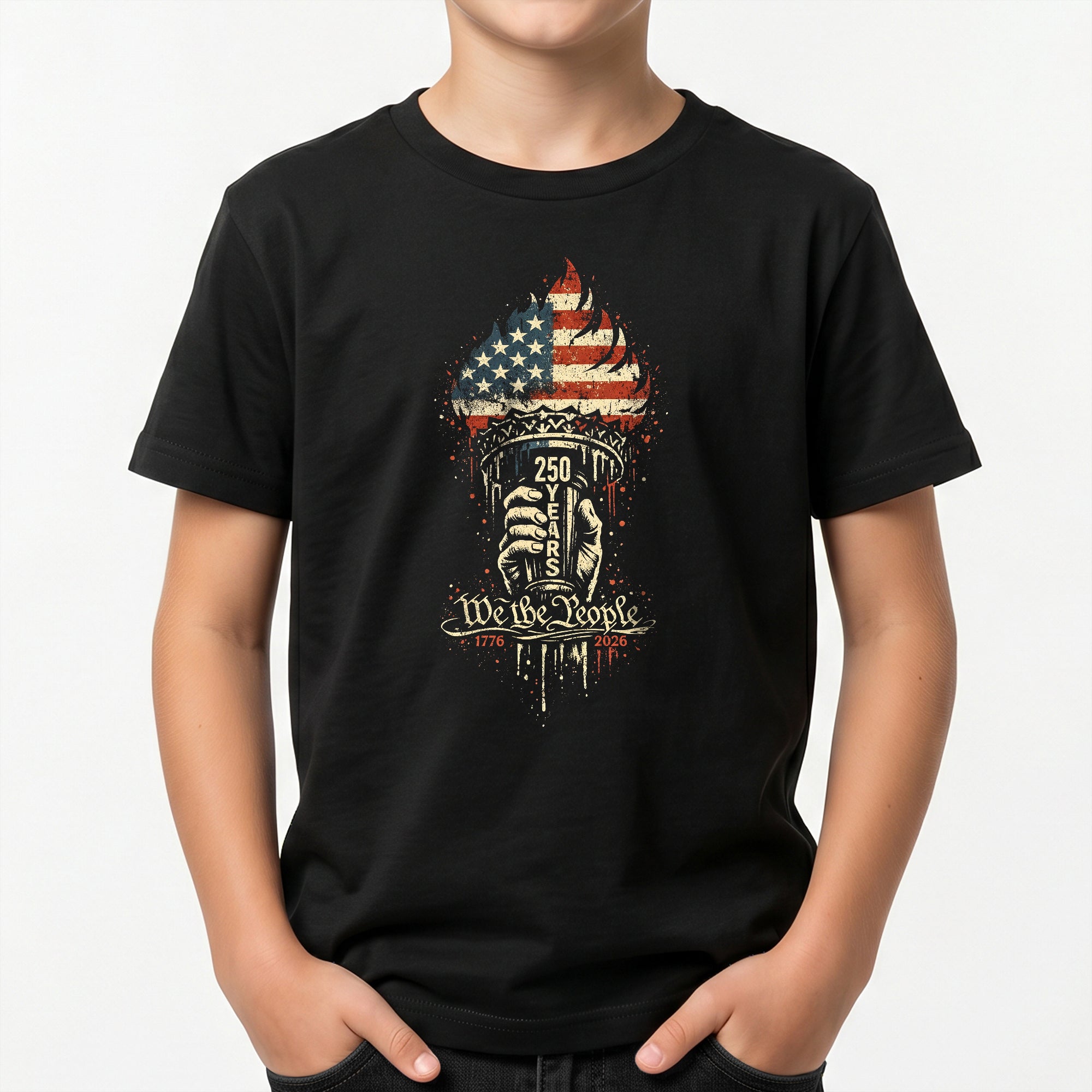 Patriotic 1776-2026 Kids Shirt We the People 250 Years Statue Liberty Torch Boys Girls Tee