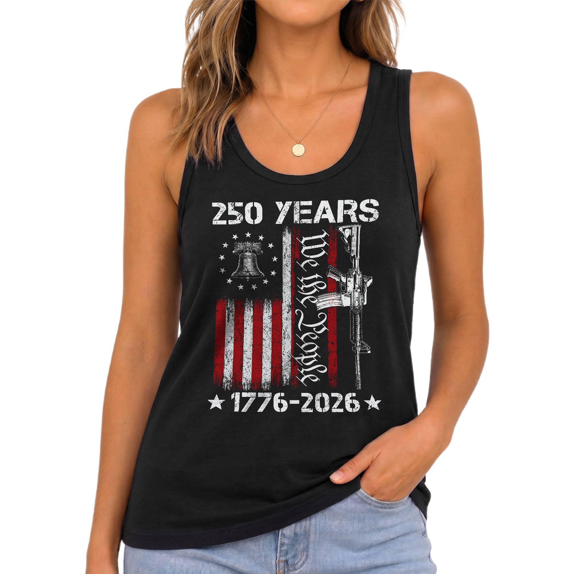 250 Years Tank Top Women We the People Liberty Bell Patriotic US Vertical Flag Shirt