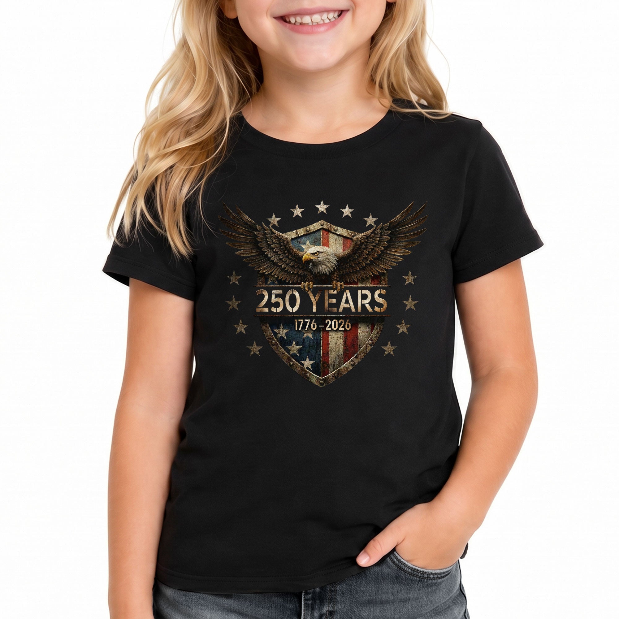 250 Years Kids T-Shirt 1776–2026 Patriotic Eagle Shield American Youth Tee