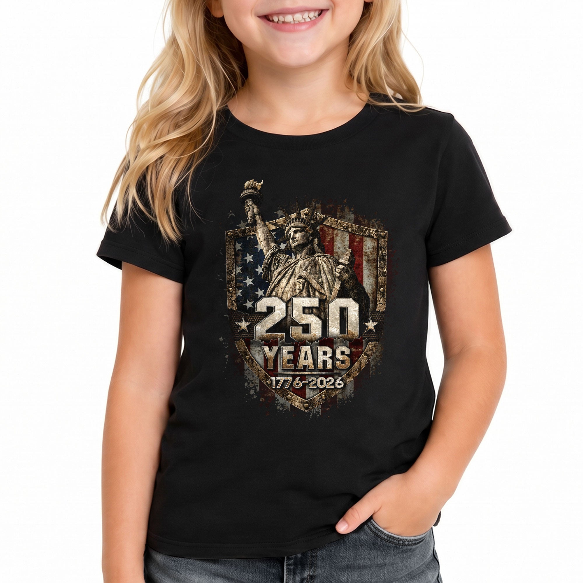 250 Years Kids T-Shirt Statue of Liberty Patriotic American Flag 1776-2026 Youth Tee