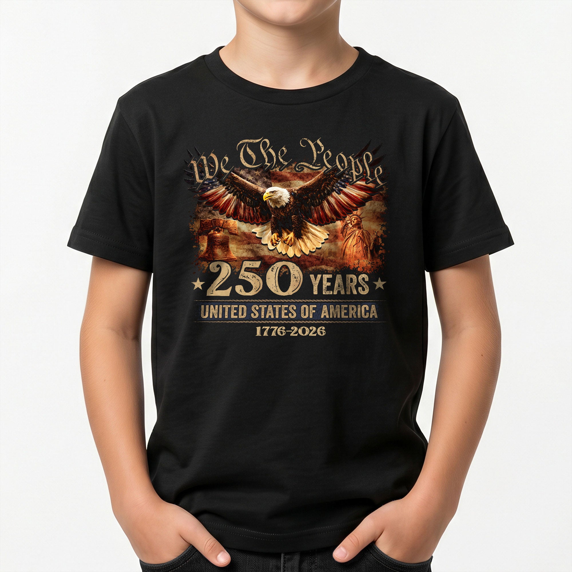 250 Years Kids T-Shirt We The People Patriotic Eagle Statue of Liberty 1776-2026 Youth