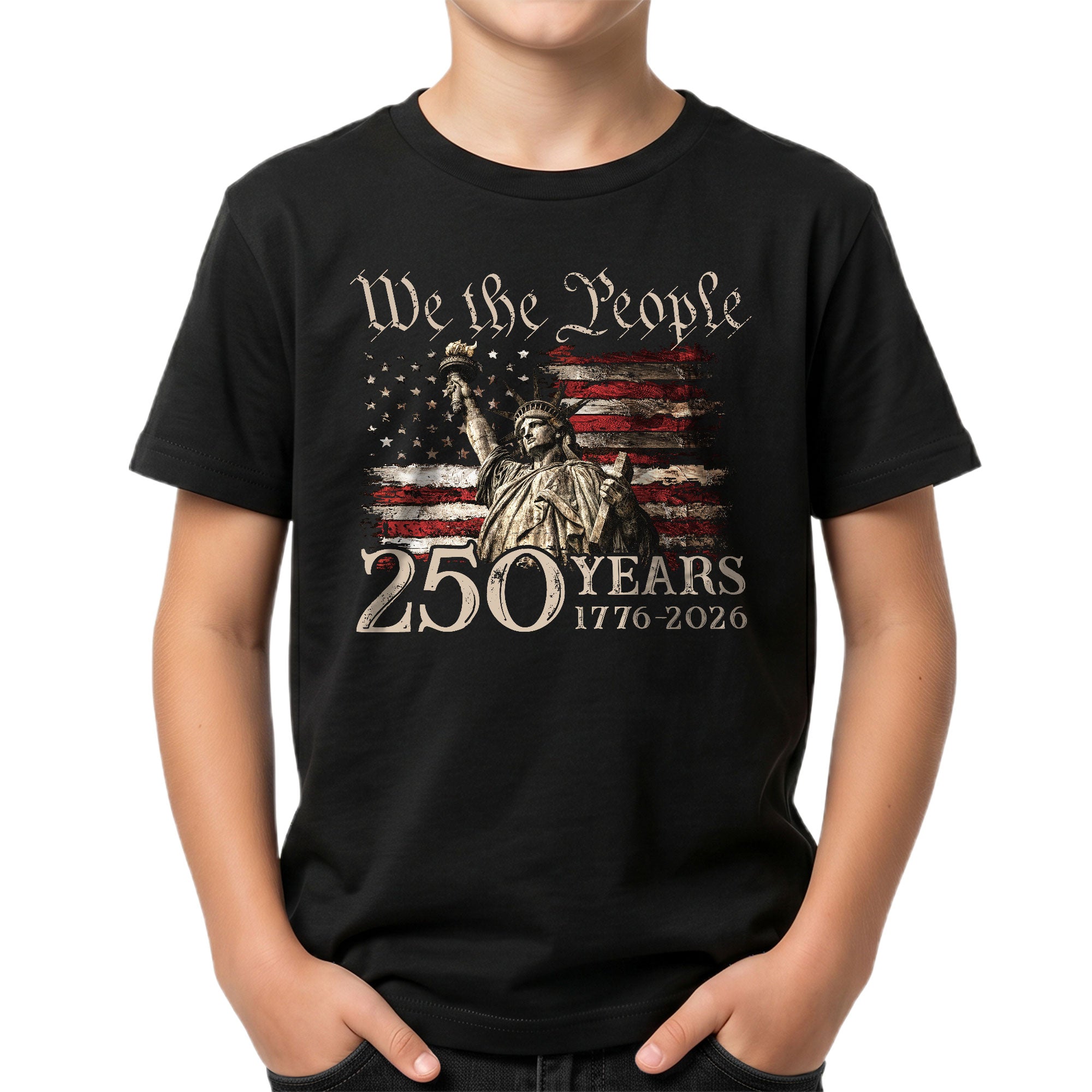 Kids 250 Years T-Shirt Statue of Liberty We The People Patriotic American Flag Tee