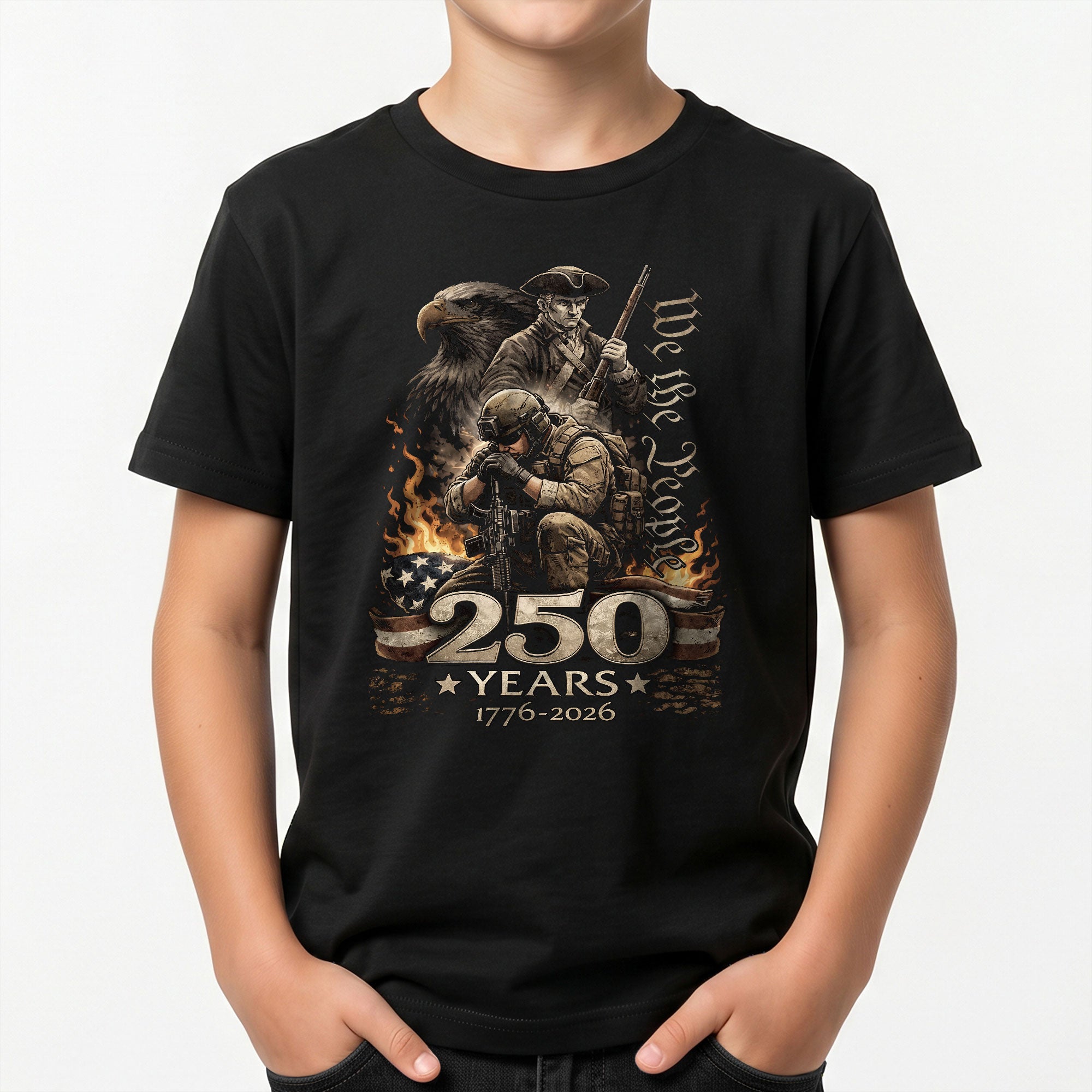 We The People 250 Years Kids T-Shirt Patriotic Military Soldier 1776-2026 Youth Tee