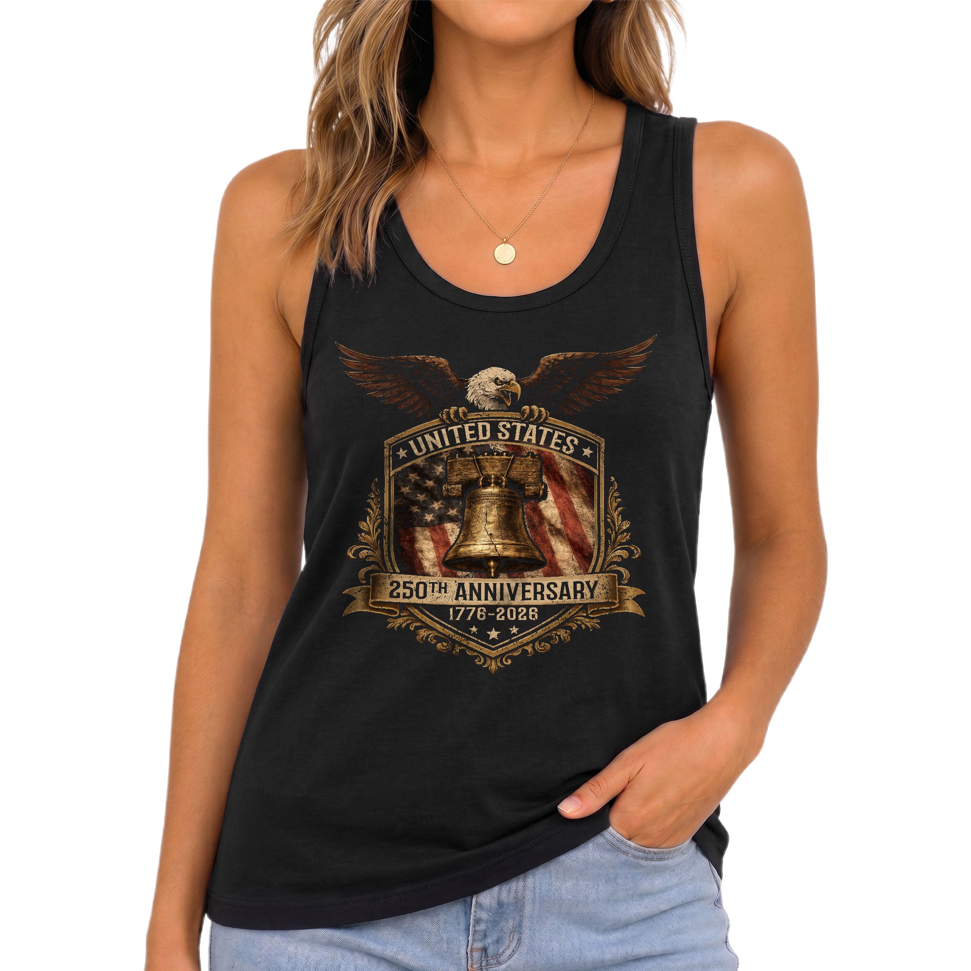 250th Anniversary Tank Top Women 1776-2026 Liberty Bell Patriotic Eagle US Shirt