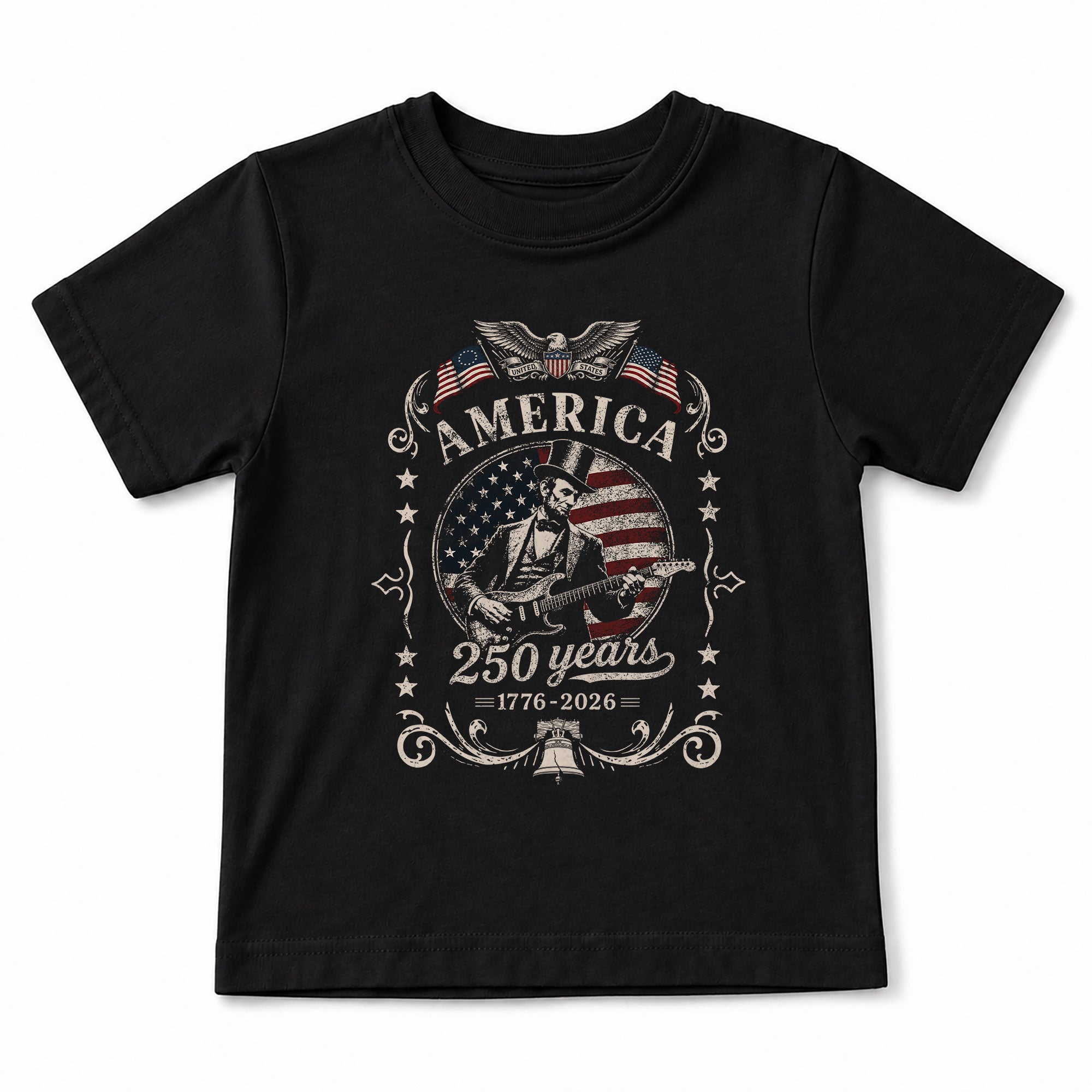 T-Shirt Kid America 250 Years 1776-2026 Patriotic Abraham Lincoln Guitar Kids Tee