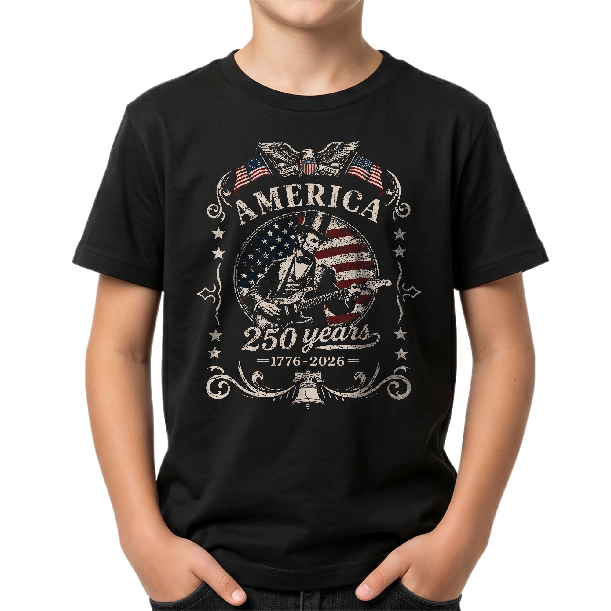 T-Shirt Kid America 250 Years 1776-2026 Patriotic Abraham Lincoln Guitar Kids Tee
