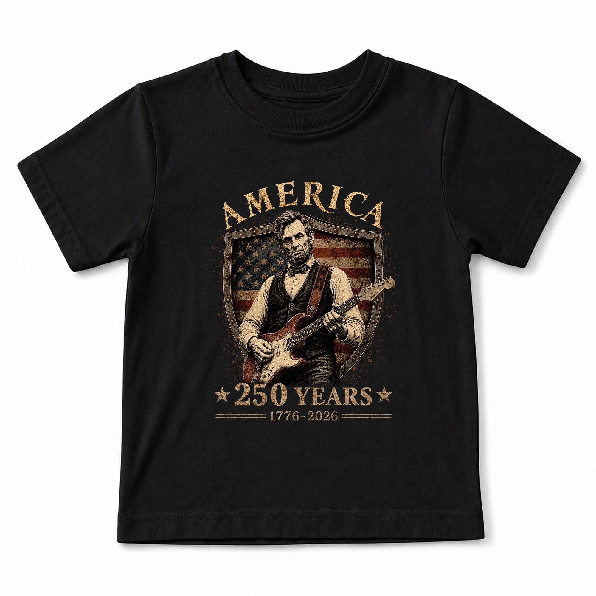 T-Shirt Kid Shield Abraham Lincoln Guitar 1776-2026 America 250 Years Patriotic Tee