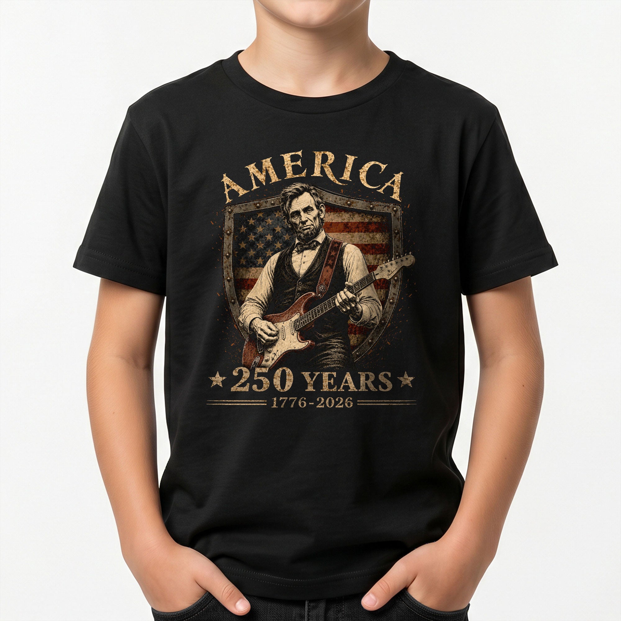 T-Shirt Kid Shield Abraham Lincoln Guitar 1776-2026 America 250 Years Patriotic Tee