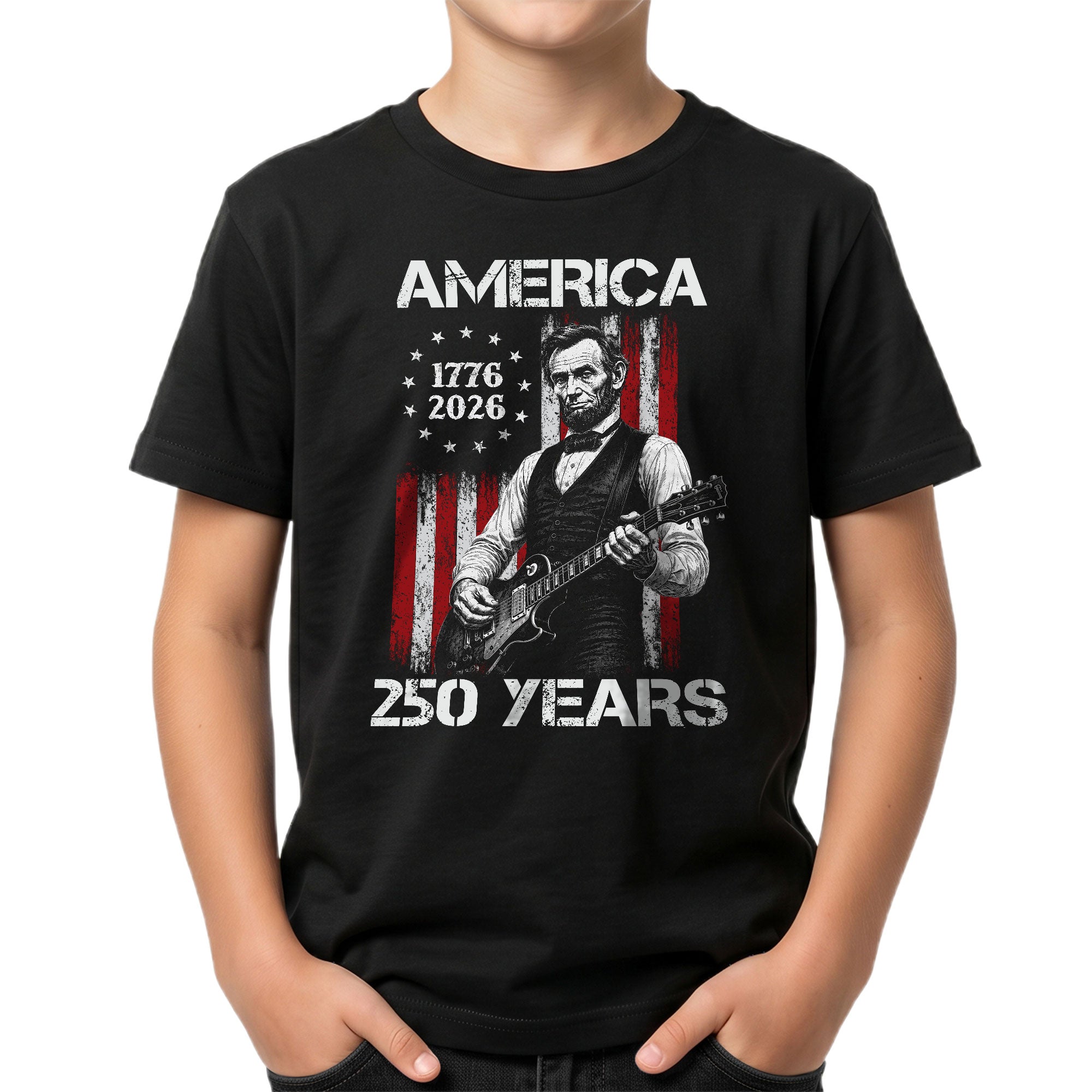 T-Shirt Kid Stars 1776-2026 America 250 Years Abraham Lincoln Guitar Boys Girls Tee