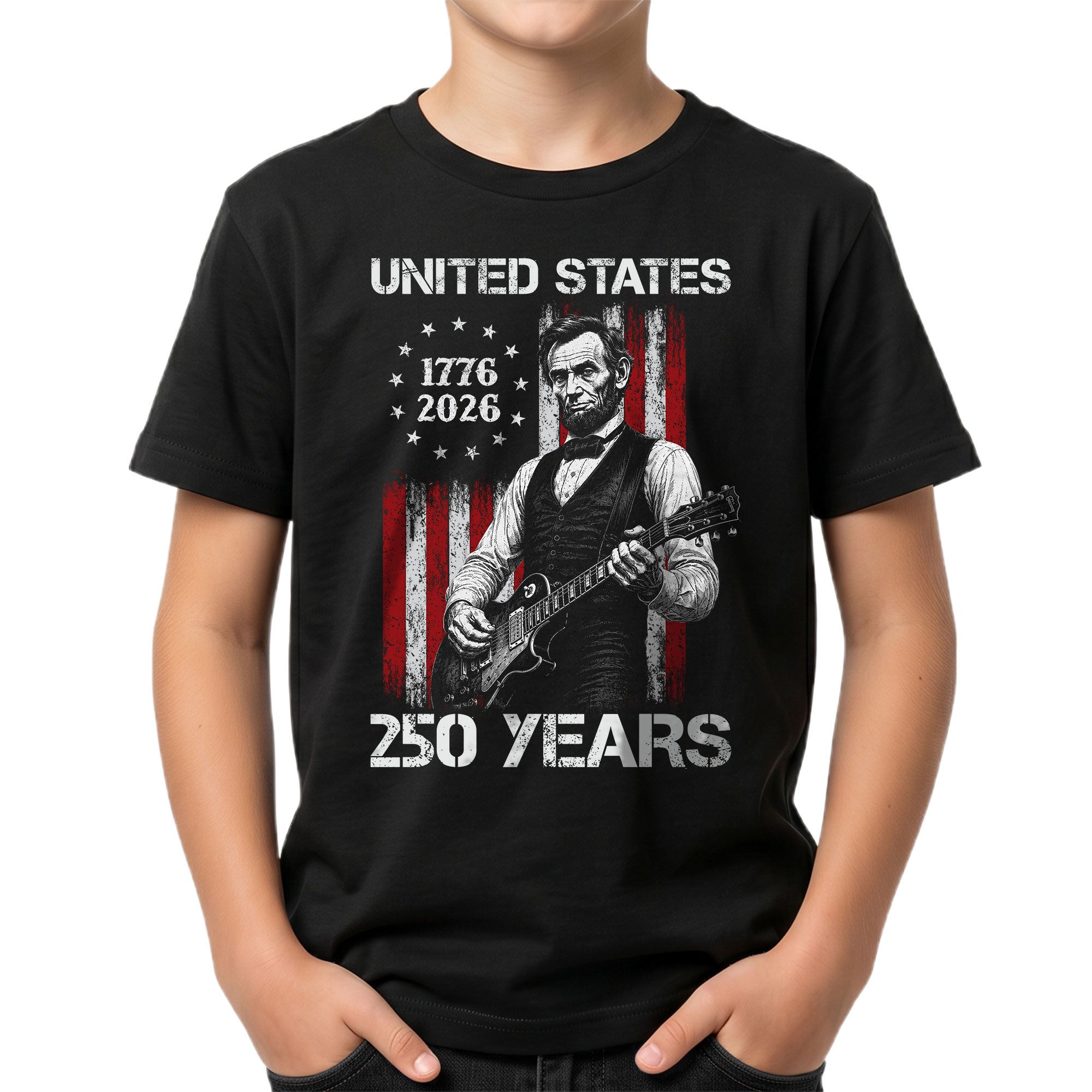 T-Shirt Kid Stars 1776-2026 America 250 Years Abraham Lincoln Guitar Boys Girls Tee