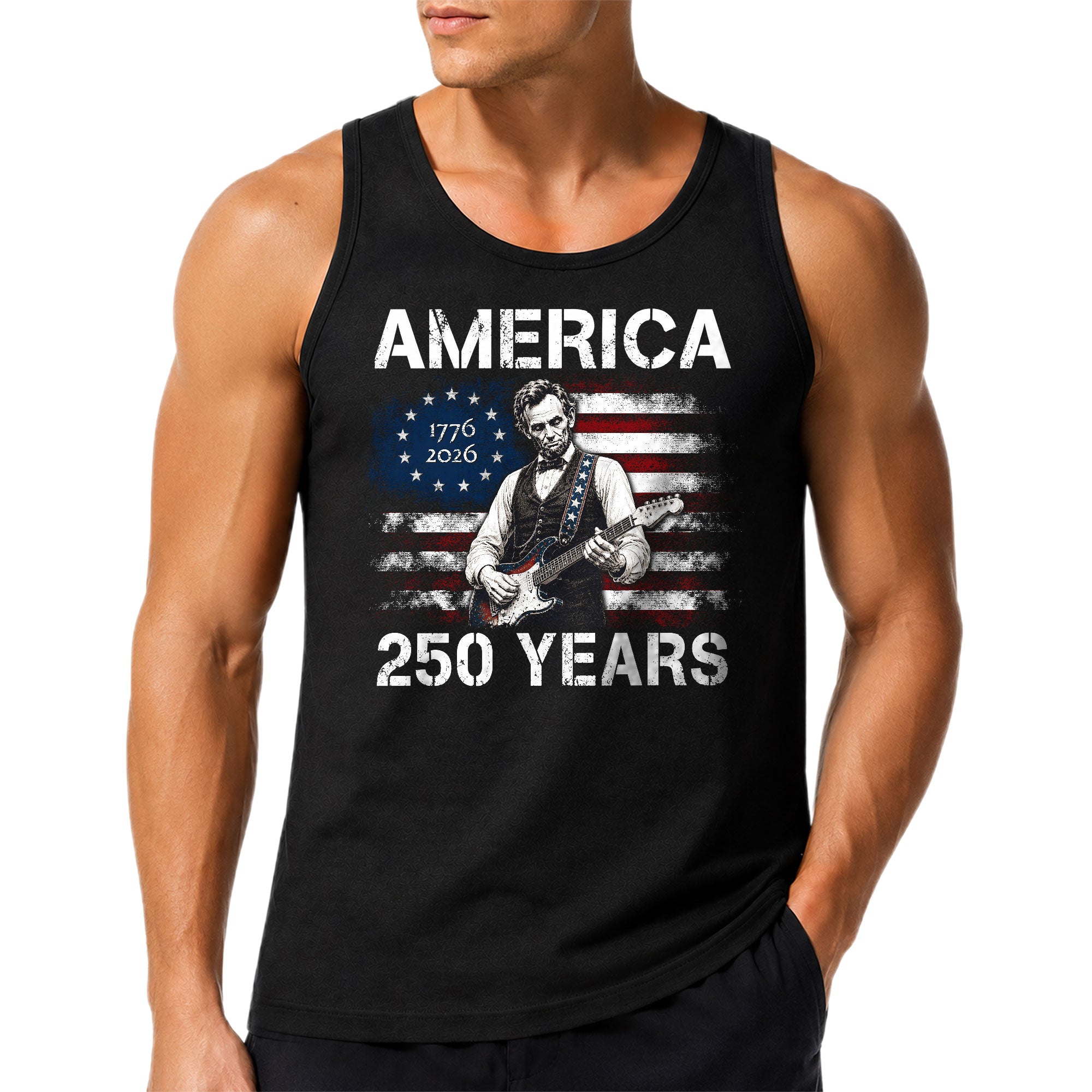 Retro Lincoln Guitar Flag Tank Top 1776-2026 Patriotic Vintage Men Graphic Sleeveless Shirt