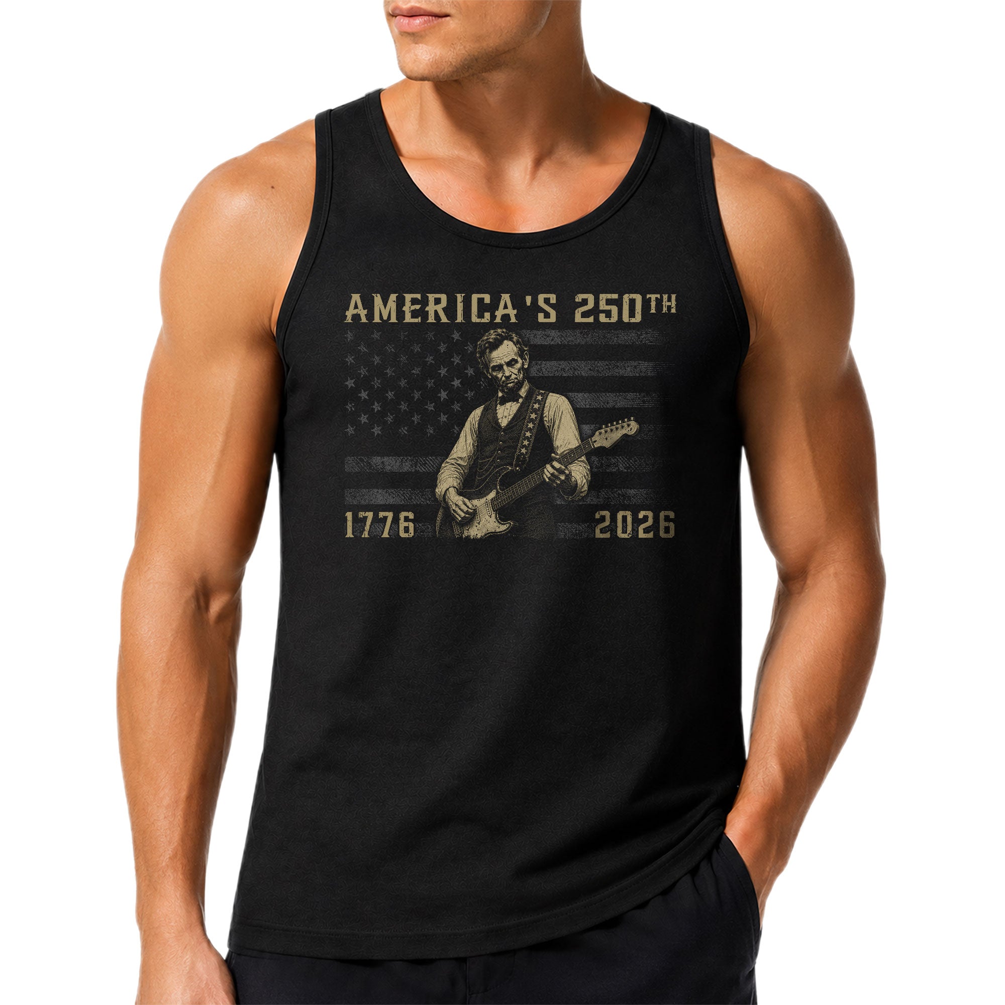 Blackout Flag Lincoln Guitar Tank Top 1776-2026 Patriotic Vintage Men Graphic Gym Shirt