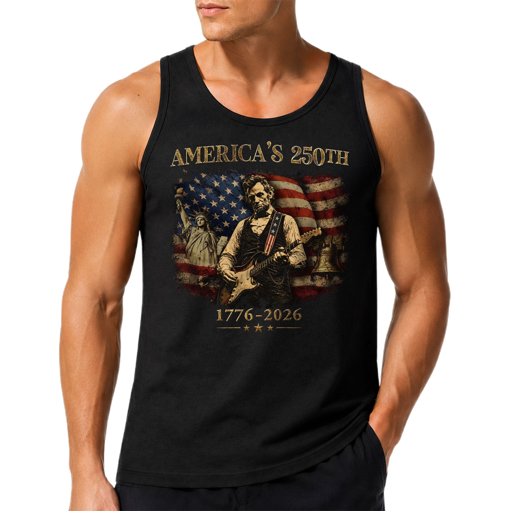 Lincoln Liberty Statue Guitar Tank Top 1776-2026 Patriotic Vintage Men Graphic Gym Shirt