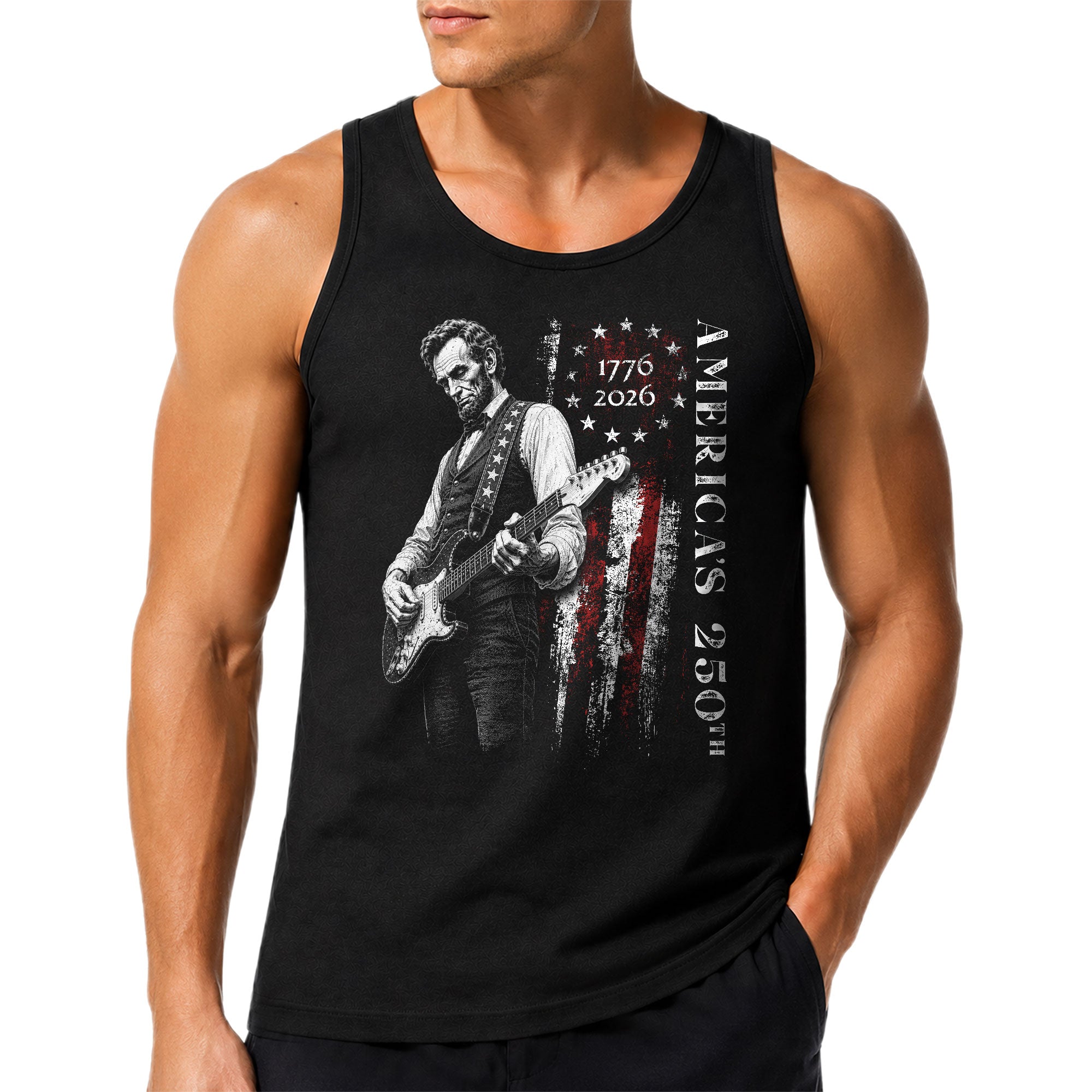 Vertical Flag Lincoln Guitar Tank Top 1776-2026 Patriotic Vintage Men Graphic Gym Shirt